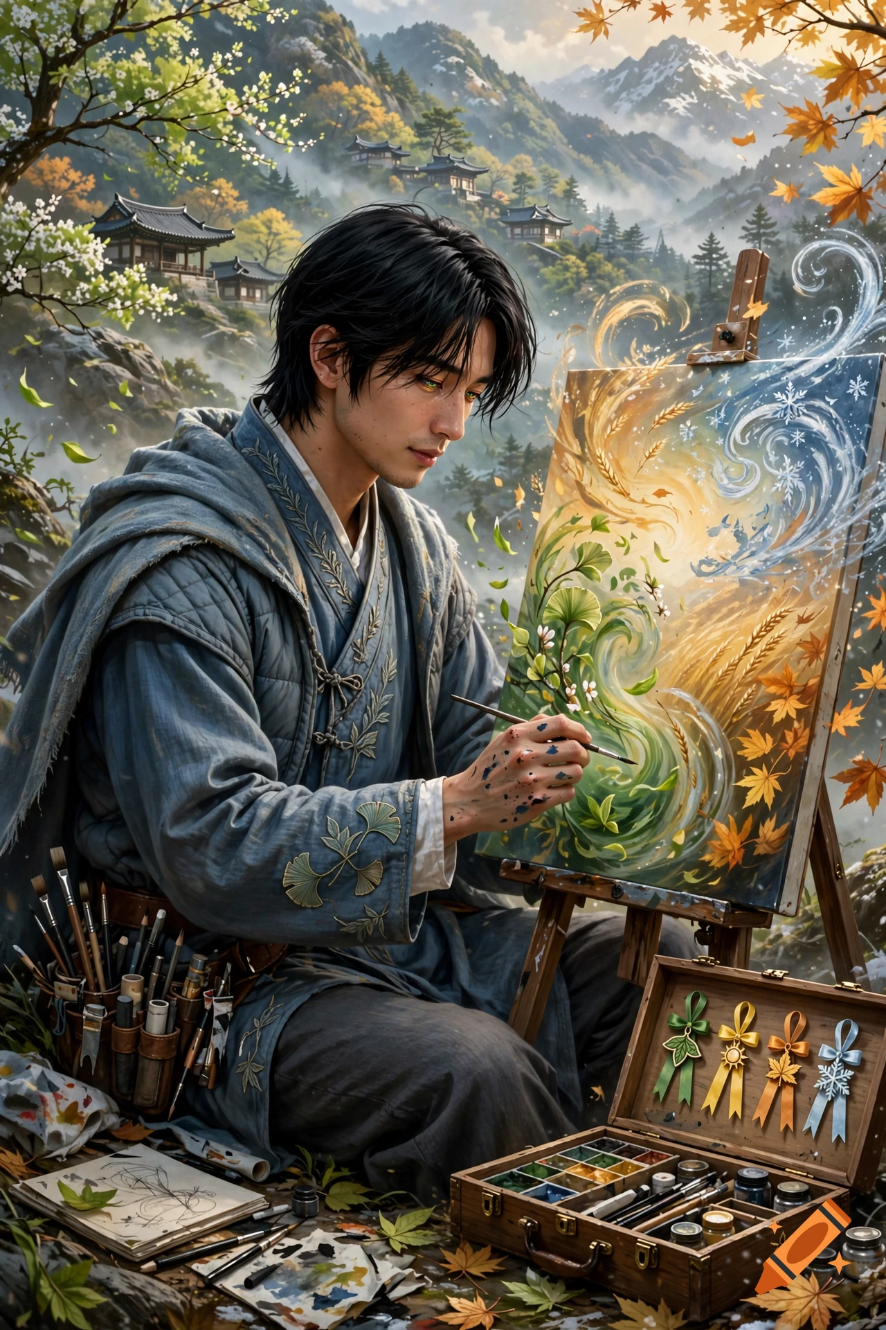 Digital painting of a young artist in traditional-inspired attire painting a vibrant seasonal landscape on an easel.
