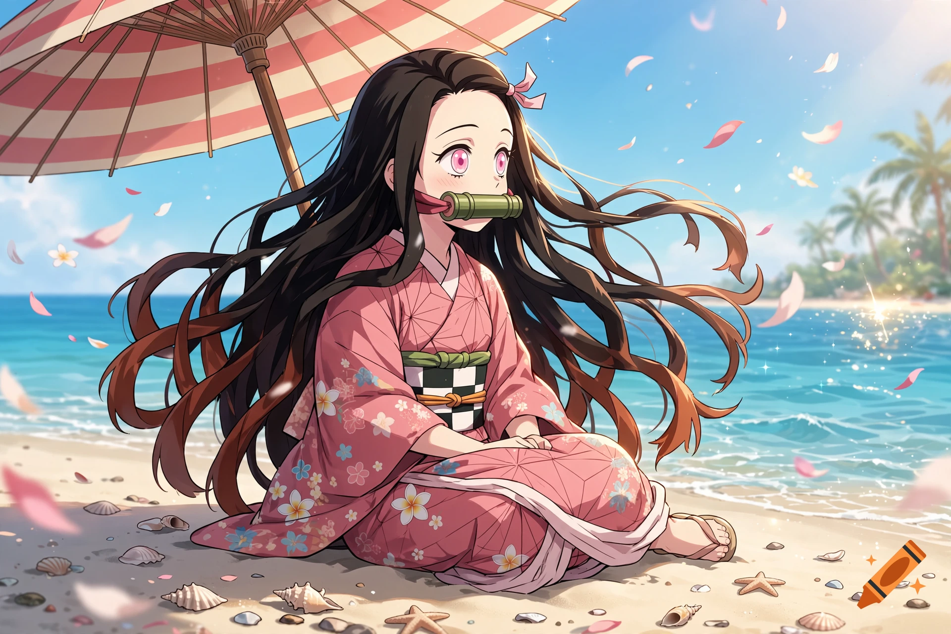 Anime style illustration of a girl with long dark hair and a pink patterned kimono sitting on a sunny beach under a striped parasol.