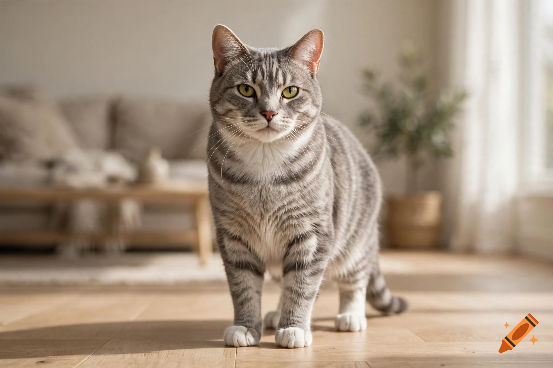 Photorealistic shot of a gray tabby cat standing on a wooden floor in a brightly lit living room.