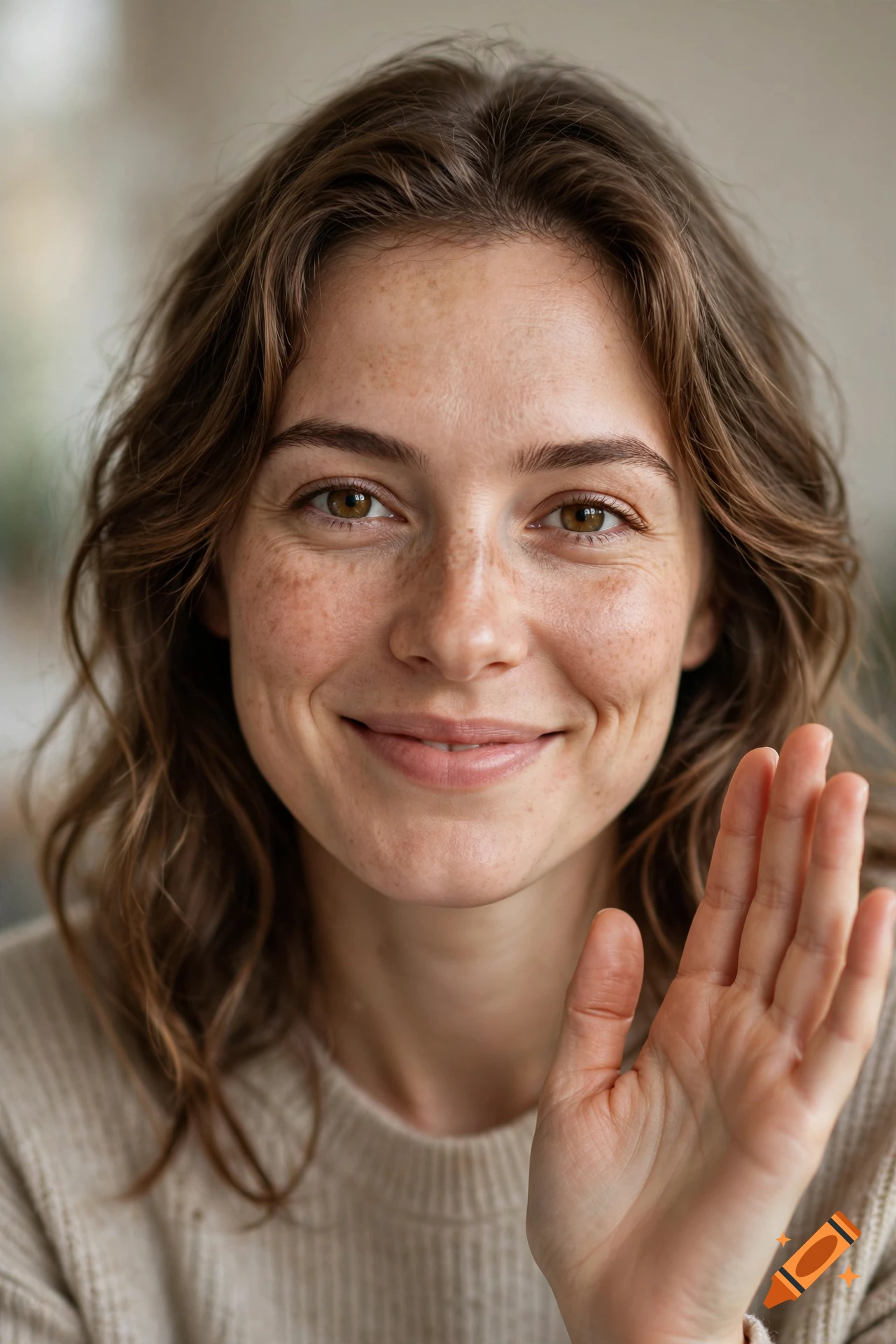 Close-up photorealistic portrait of a smiling woman with freckles and brown hair, waving her hand.