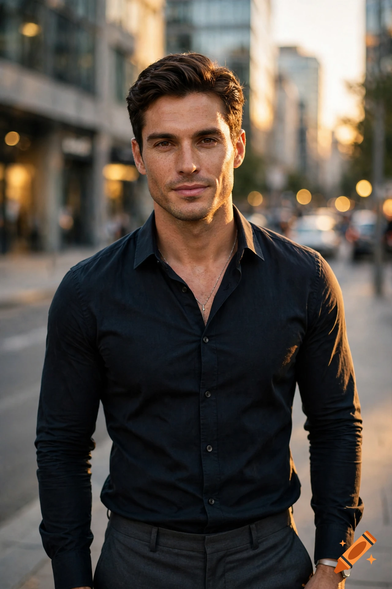 Photorealistic portrait of a handsome man in a black button-down shirt standing on a city street at sunset.