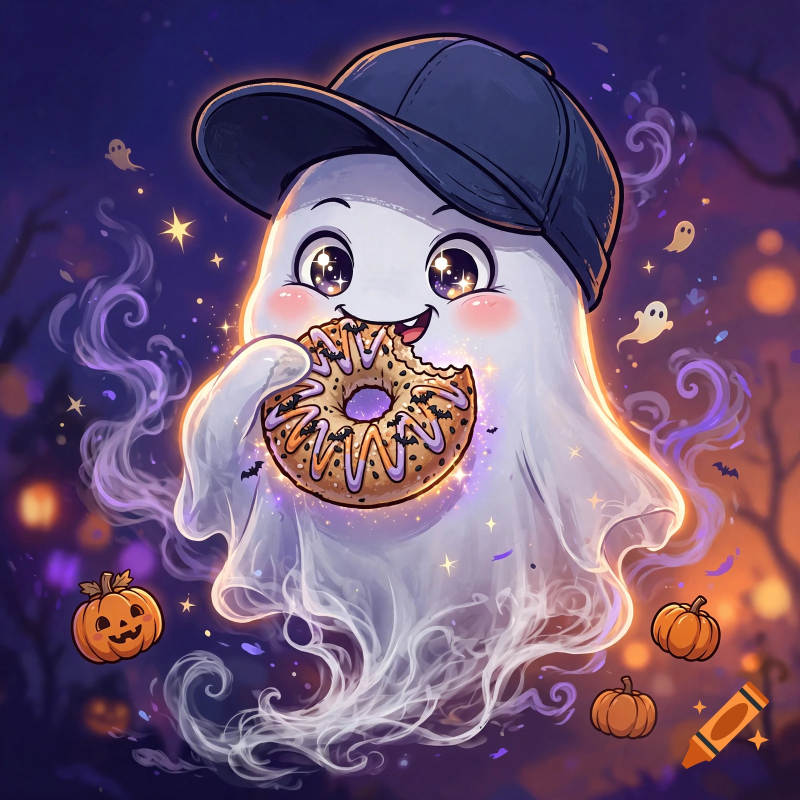 Cute cartoon ghost wearing a baseball cap and eating a spooky bagel, surrounded by small pumpkins and magical glowing particles, Halloween style.