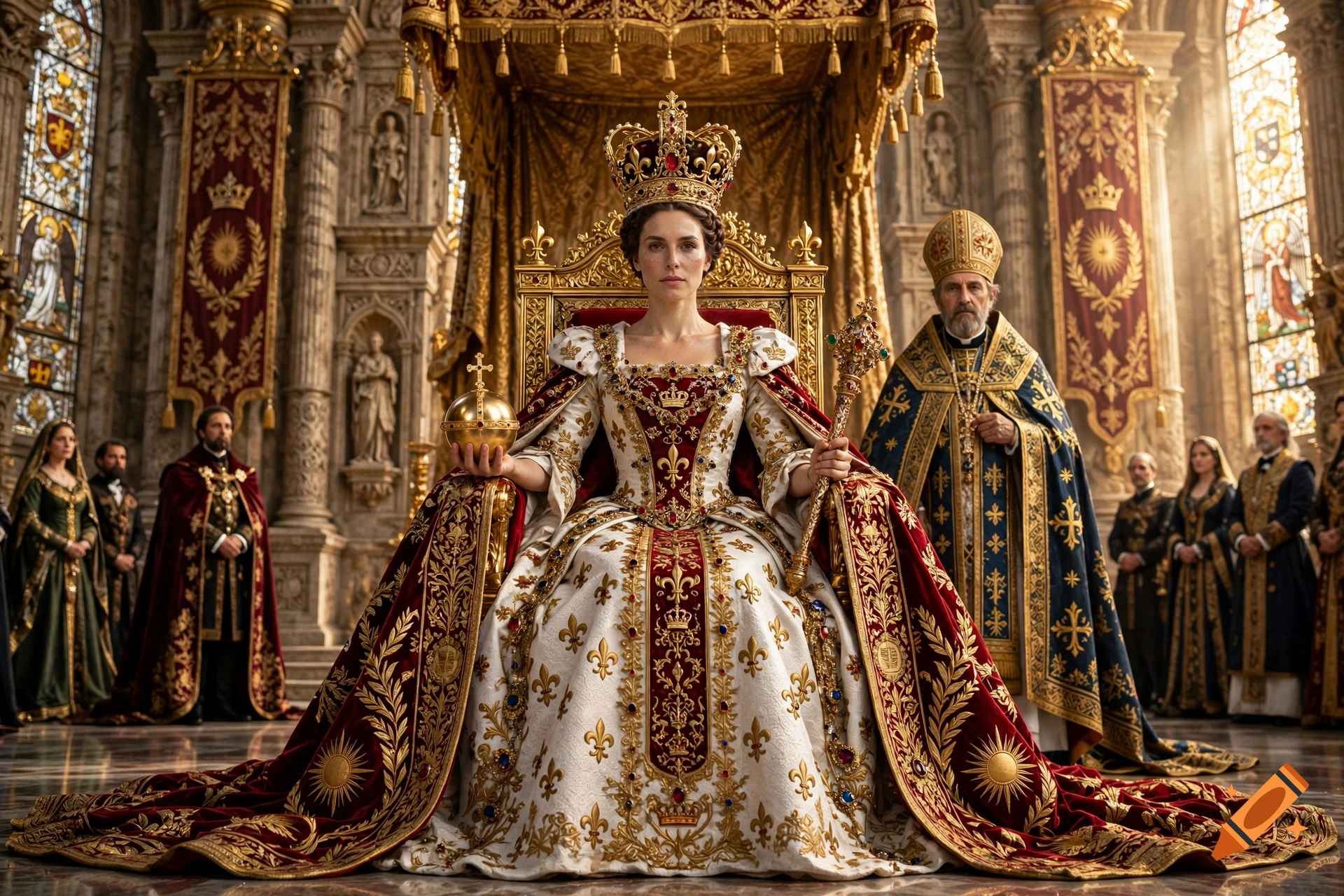 Photorealistic portrait of Queen Elira in an ornate cathedral, seated on a golden throne wearing a rich crimson and white gown.