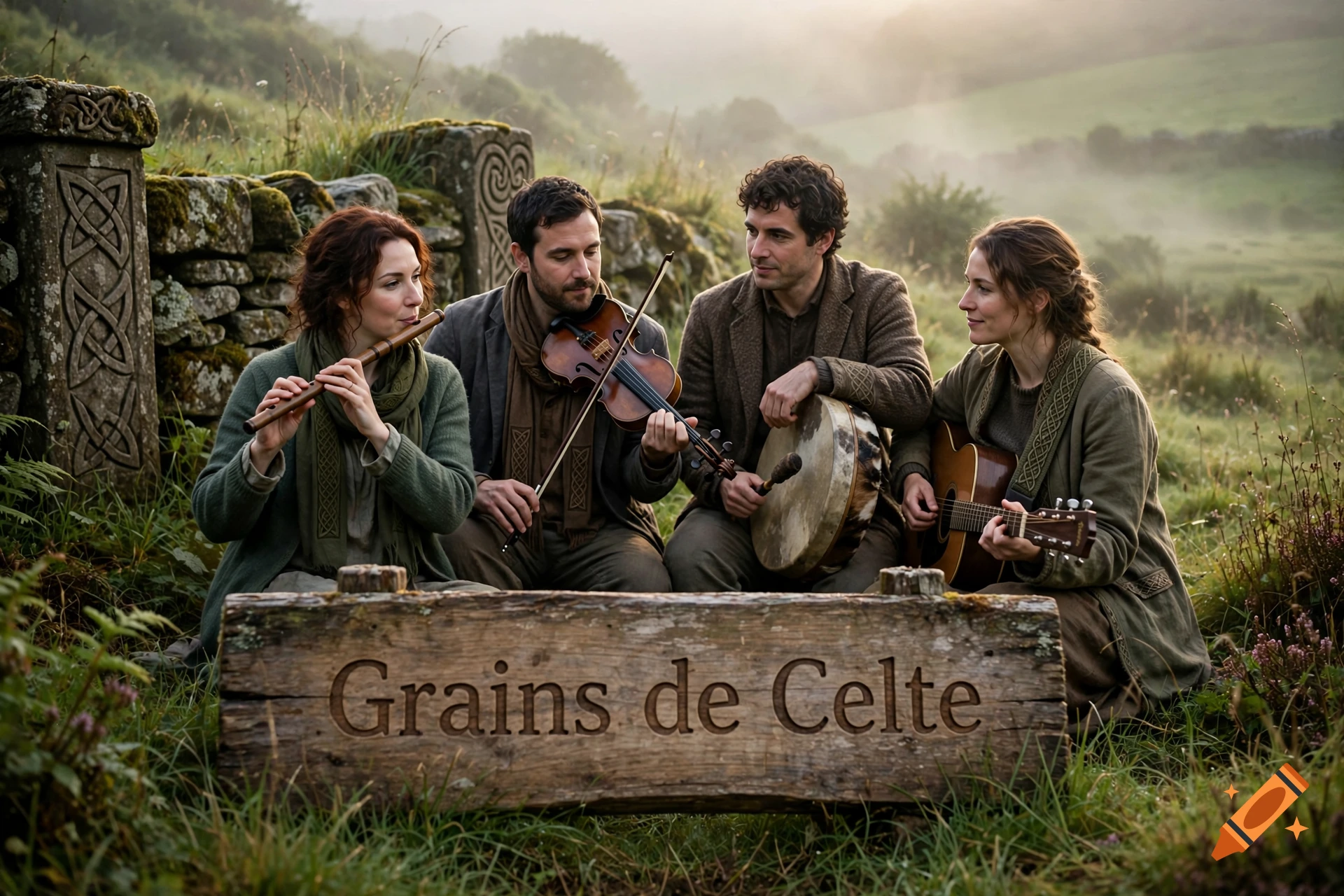 Four musicians playing traditional Celtic instruments outdoors near a stone wall, with a wooden sign reading Grains de Celte in the foreground, photorealistic.