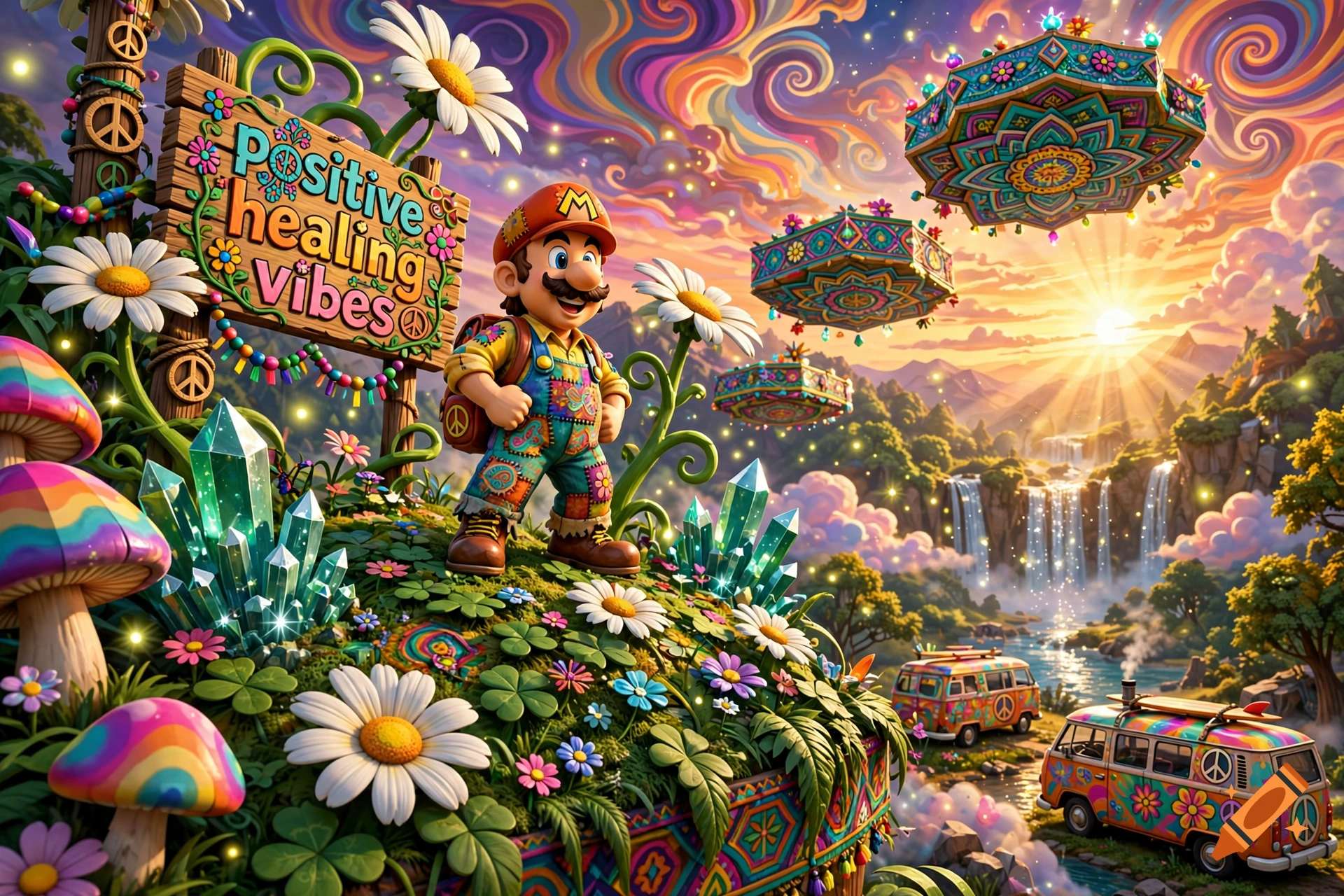 Hippy-inspired Super Mario standing on a vibrant, flower-filled hill with crystals, a wooden sign reading positive healing vibes, and psychedelic sky.