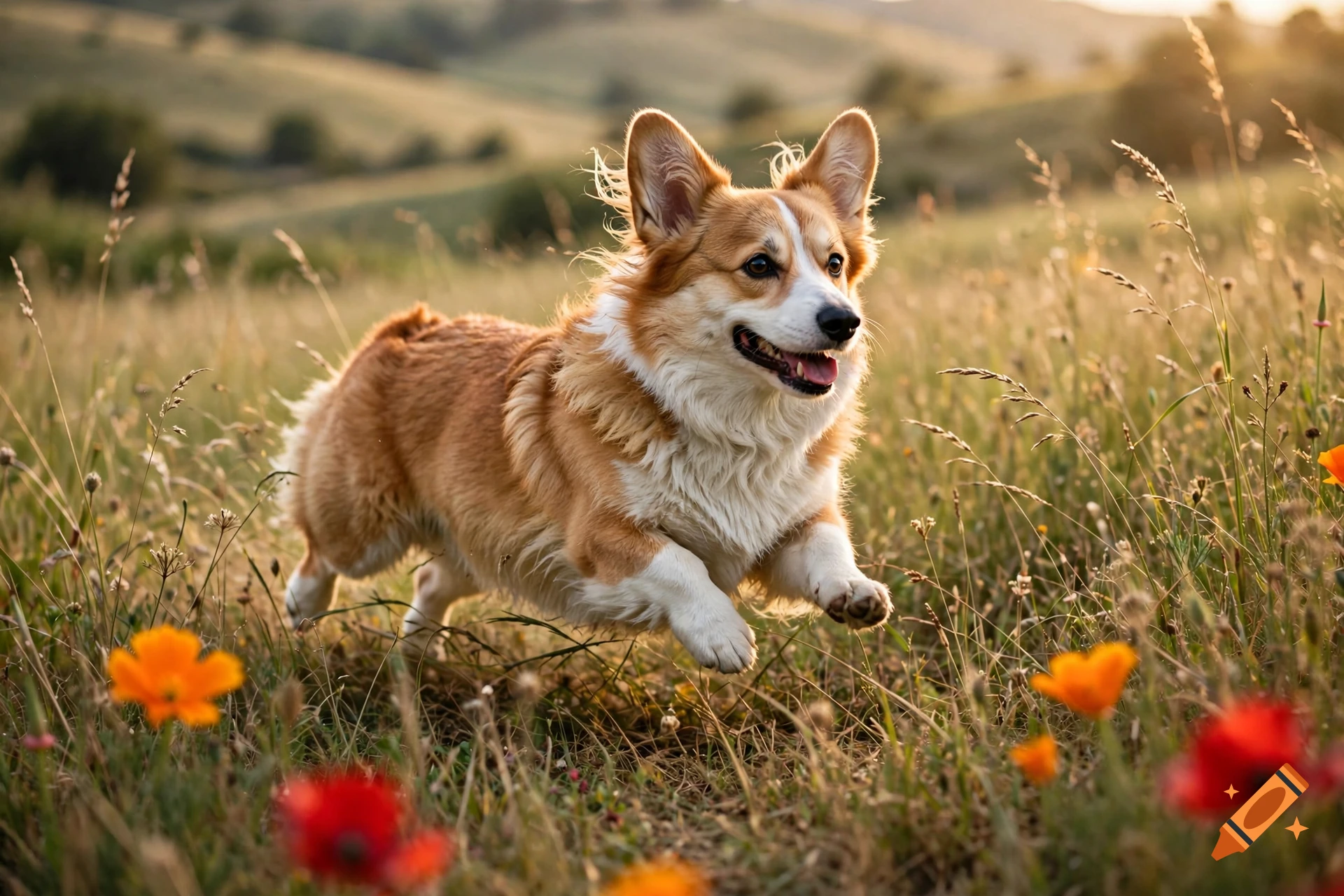 Photorealistic image of a corgi running joyfully through a grassy field with colorful flowers.