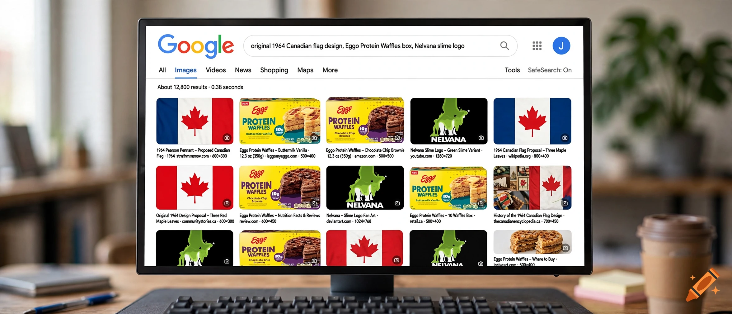 A computer monitor displaying a Google image search results page with Canadian flags, waffle boxes, and slime logos.