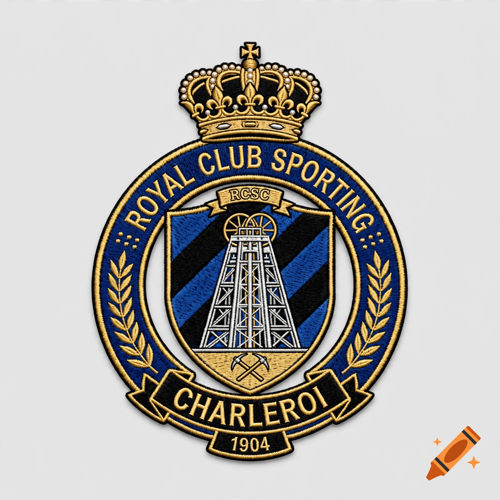 Embroidered patch of Royal Club Sporting Charleroi logo featuring a crown and mining tower.