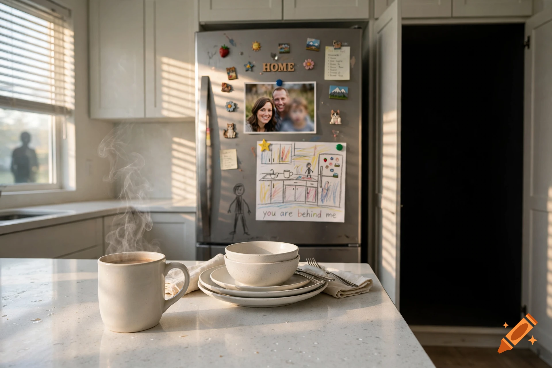 Photorealistic kitchen counter with steaming mug and stacked bowls, a family photo with a creepy blurred face on the refrigerator.