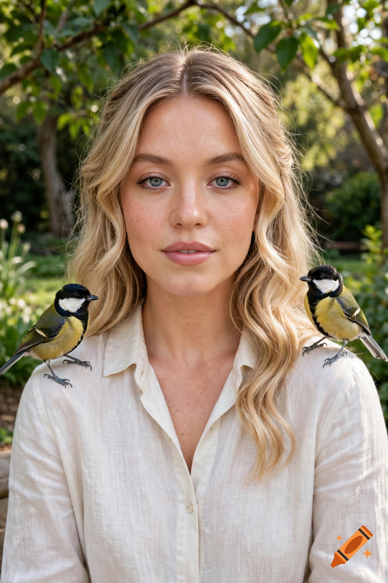 Photorealistic portrait of a blonde woman with two great tit birds perched on her shoulders in a garden.