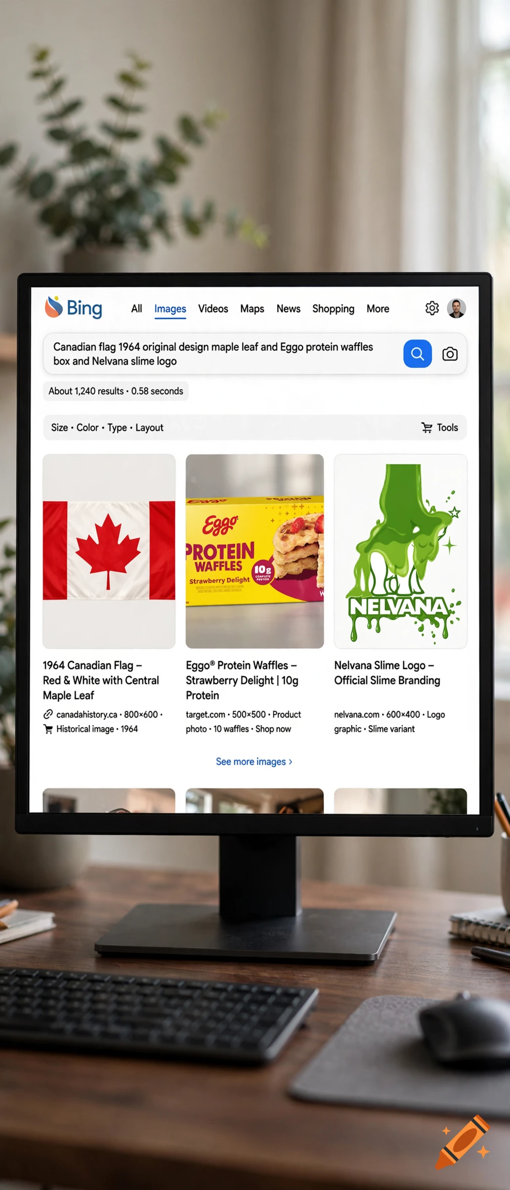 A computer monitor displaying a Bing search results page for Canadian flag, Eggo waffles, and Nelvana slime logo, sitting on a wooden desk.