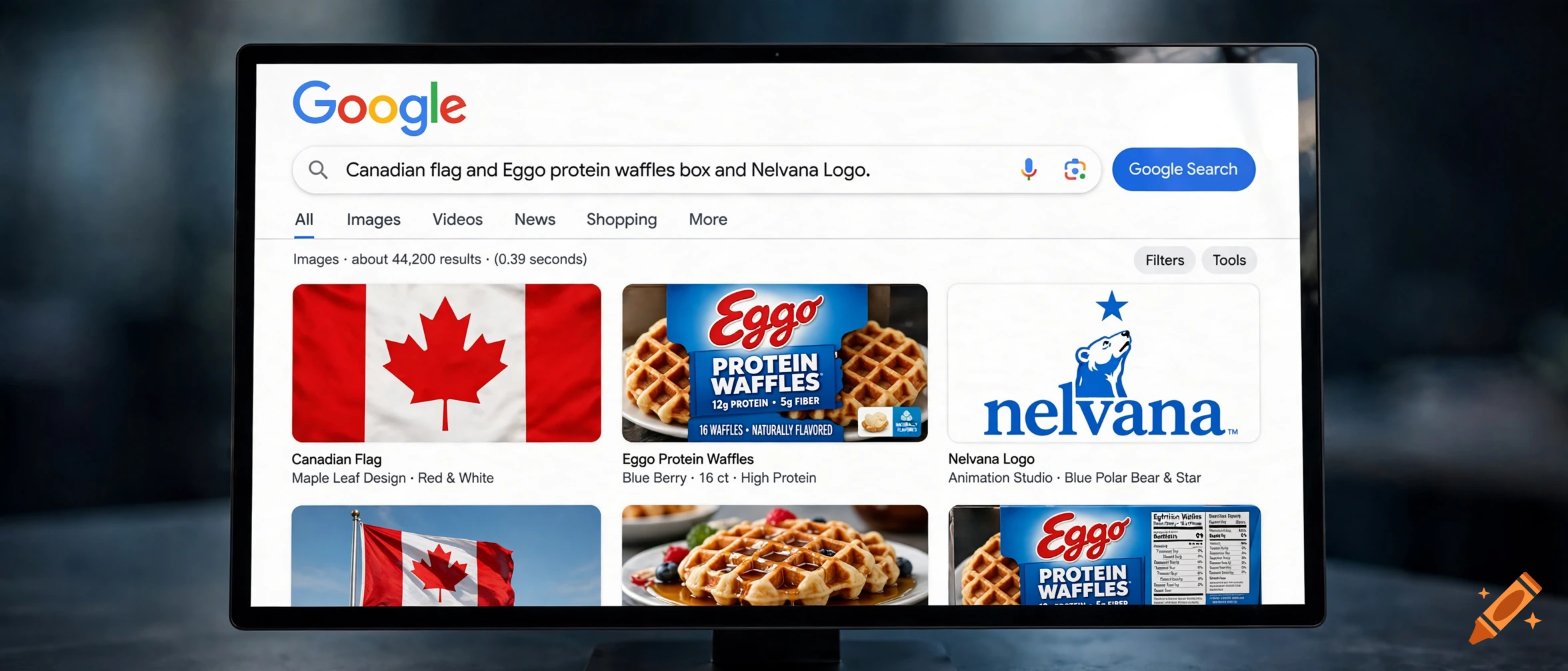 A computer monitor displaying a Google search results page for a Canadian flag, Eggo protein waffles box, and Nelvana logo.