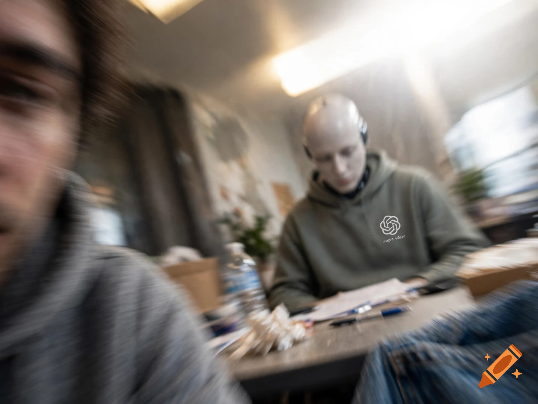A shaky, candid snapshot of a person wearing an olive green hoodie with a ChatGPT logo, sitting at a desk indoors.
