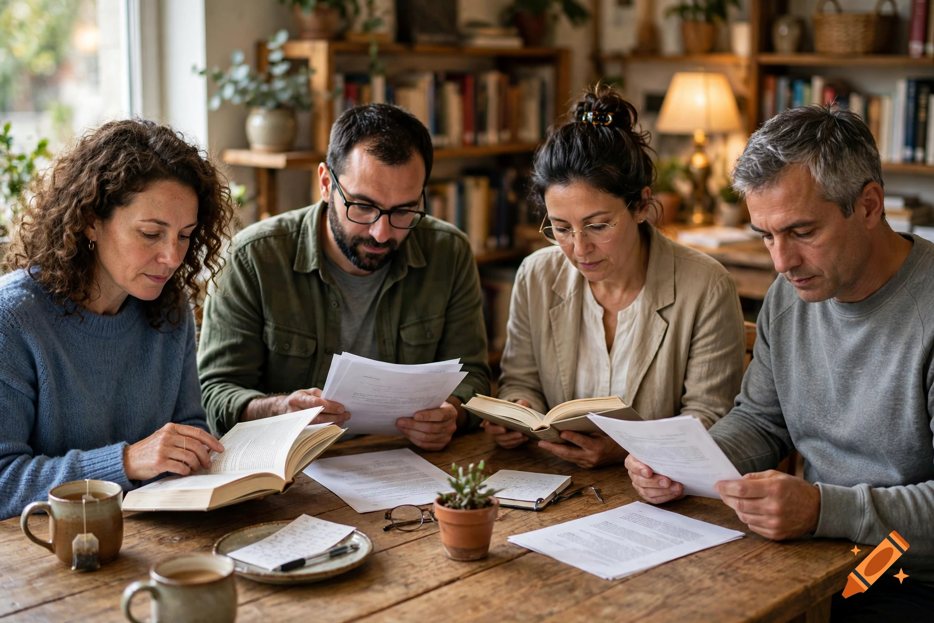 Four adults sitting around a wooden table reading books and papers together in a cozy room.
