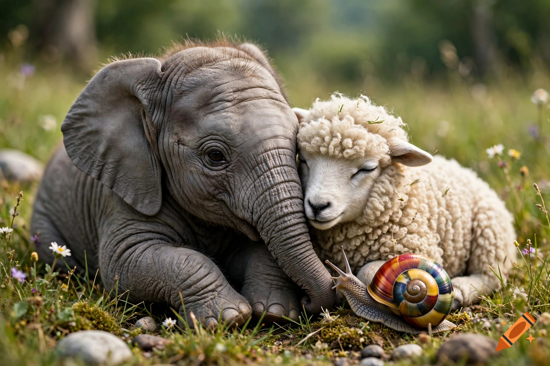 Photorealistic image of a baby elephant, a small sheep, and a colorful snail cuddling together in a grassy meadow.