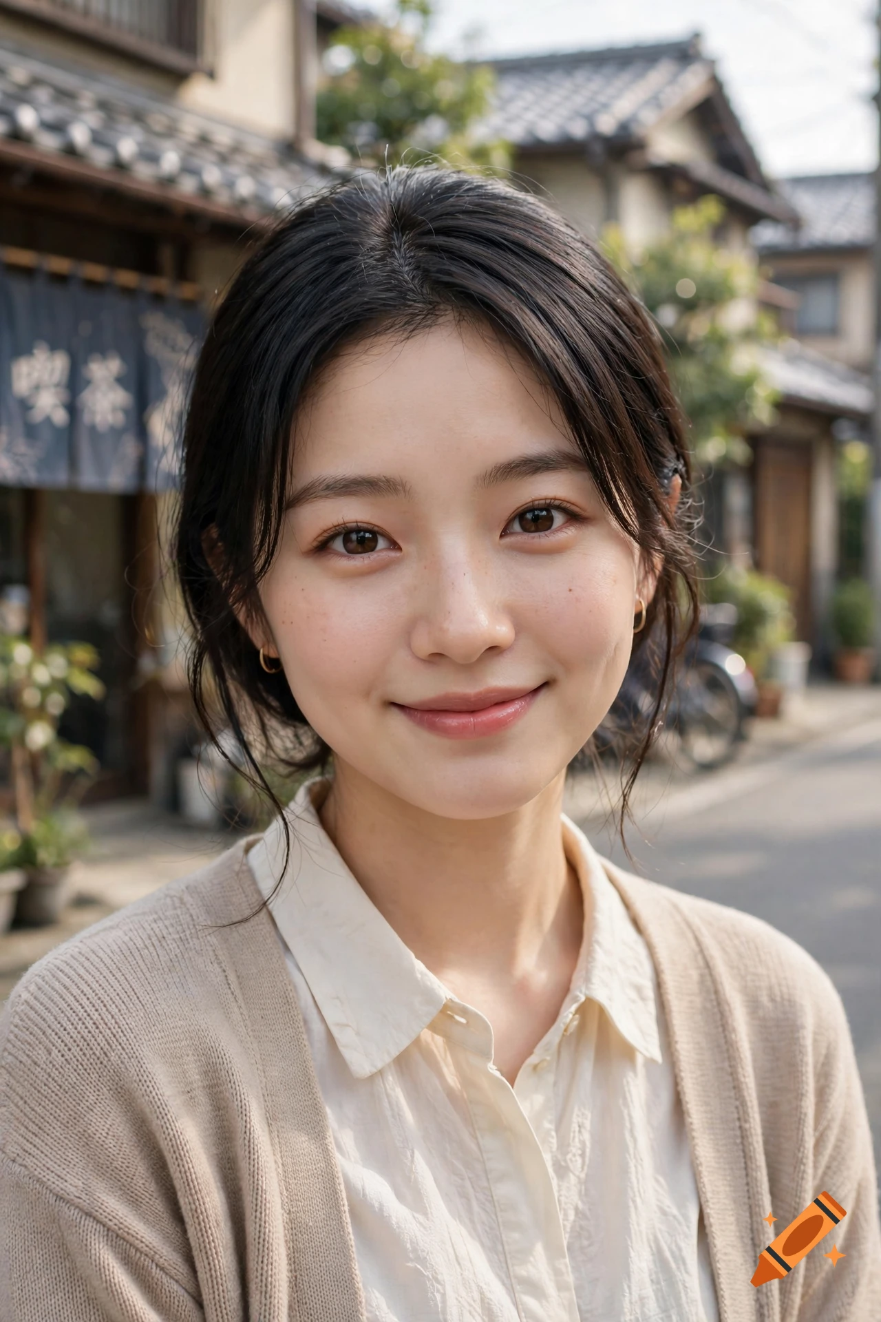 Close-up photorealistic portrait of a young Japanese woman smiling outdoors with a traditional street in the background.