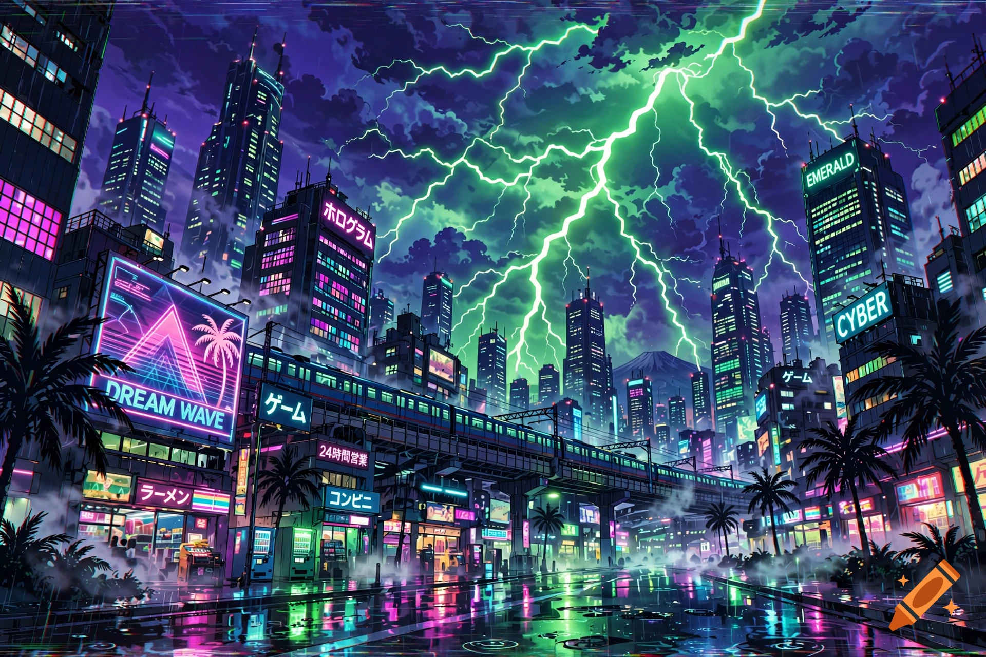 Vaporwave anime style cyberpunk city at night with neon lights, reflections in puddles, and massive green lightning in the sky.