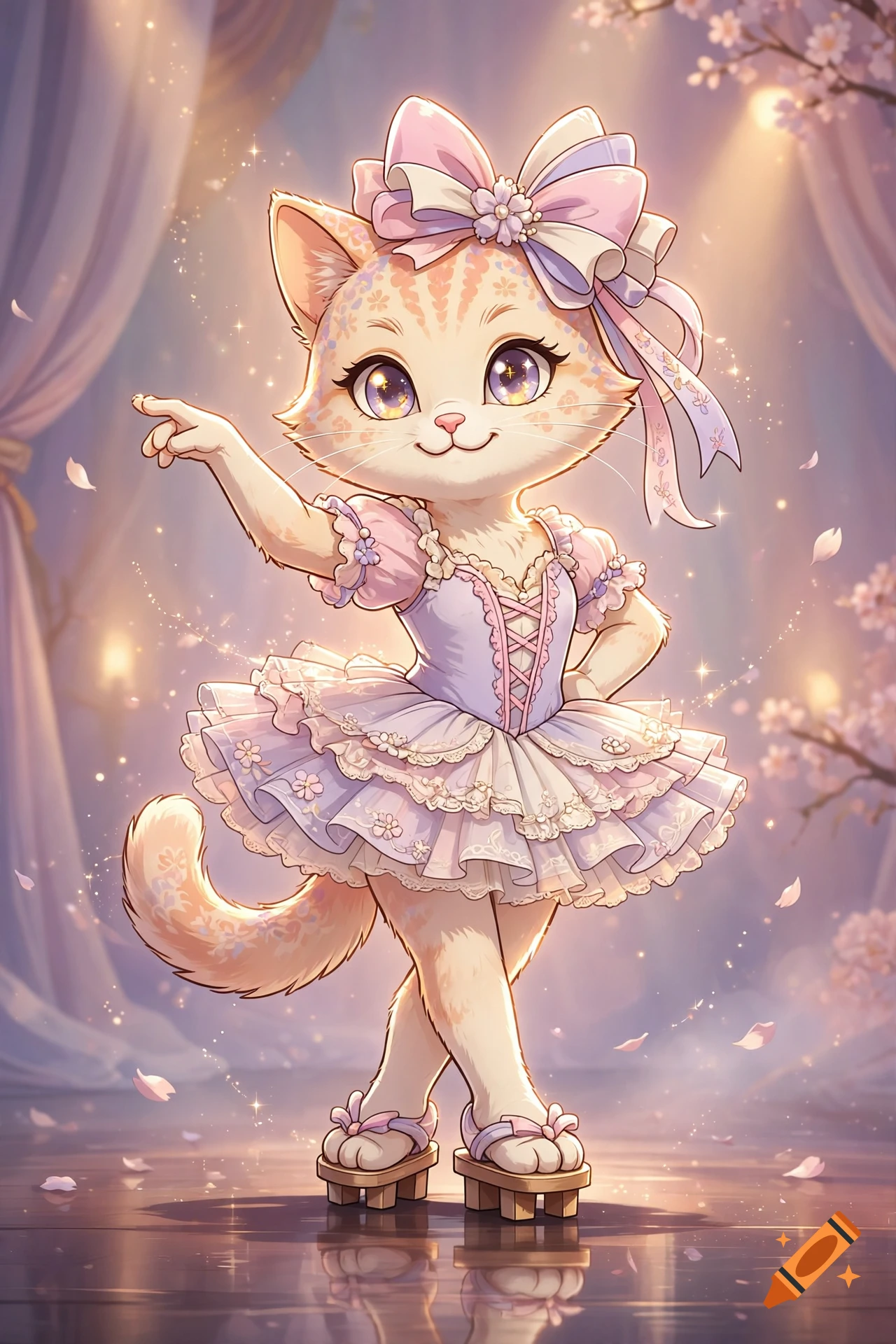 An anime-style female cat wearing a bow, tutu, and geta sandals, dancing gracefully on a stage.