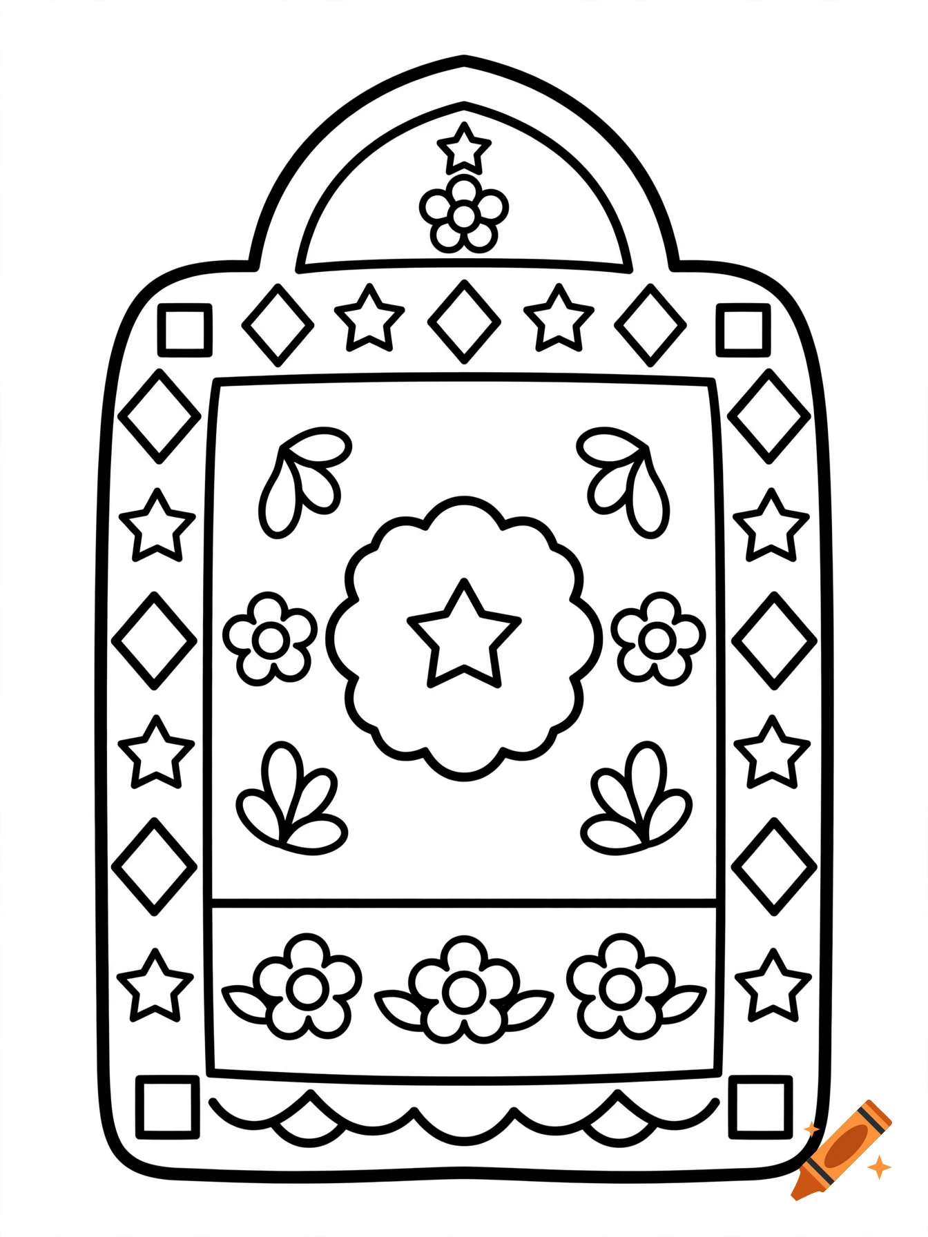 Black and white outline coloring page of a prayer rug featuring floral and geometric patterns.