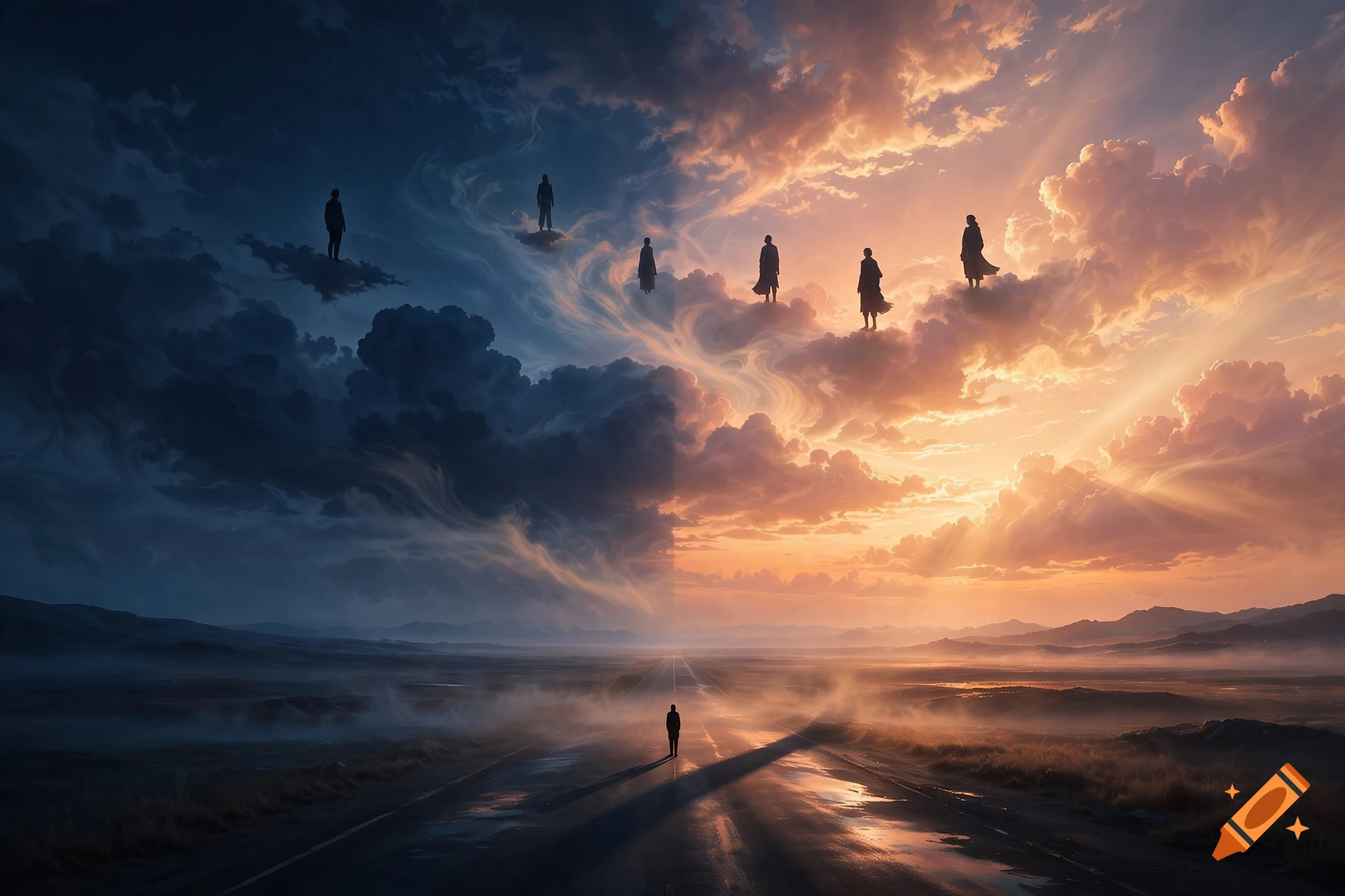 A silhouetted figure stands on a wet road facing a sky split between dark clouds on the left and a glowing sunrise on the right, with figures floating in the sky.