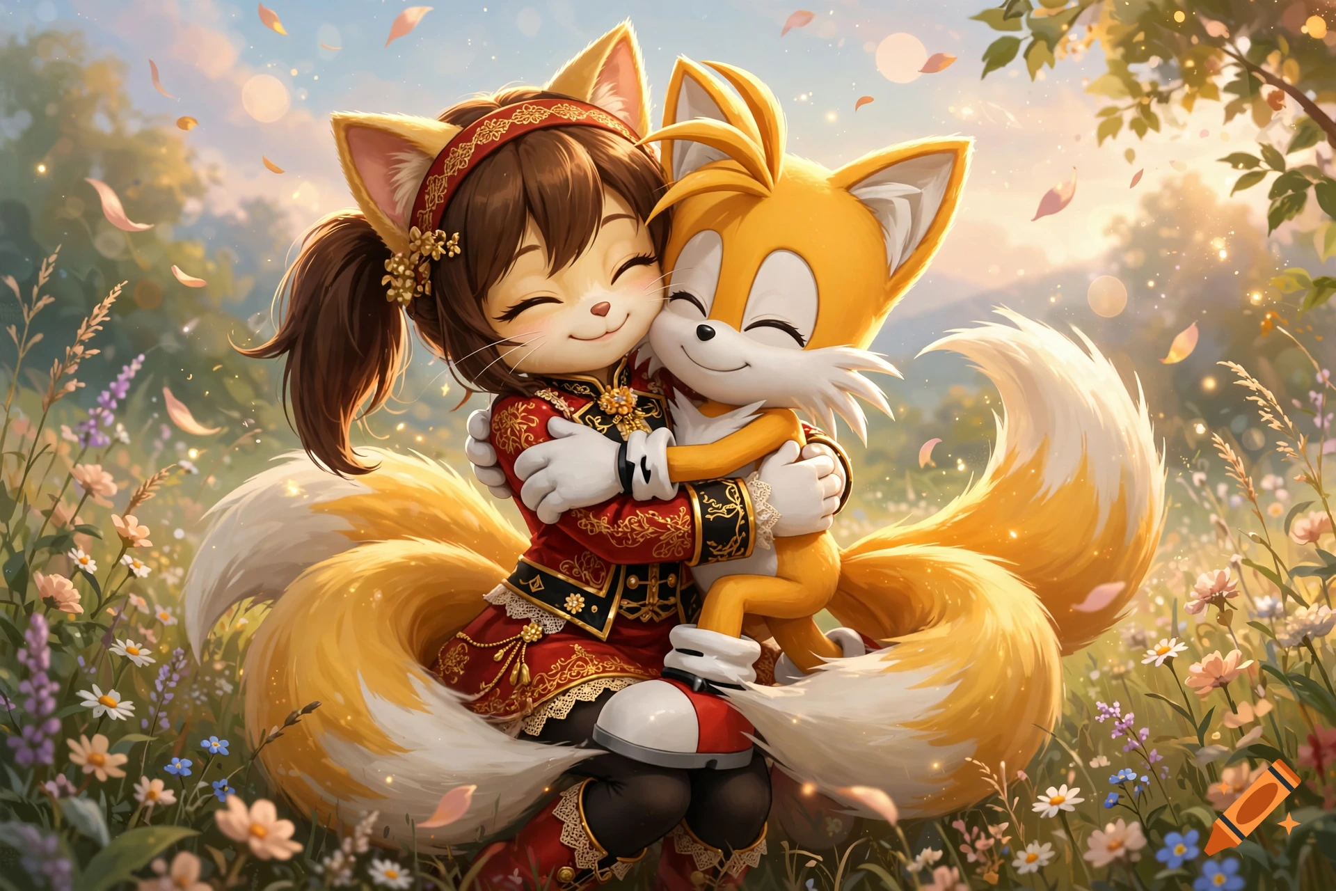 An anime-style cat-girl and Tails hugging happily in a sunlit meadow filled with flowers.