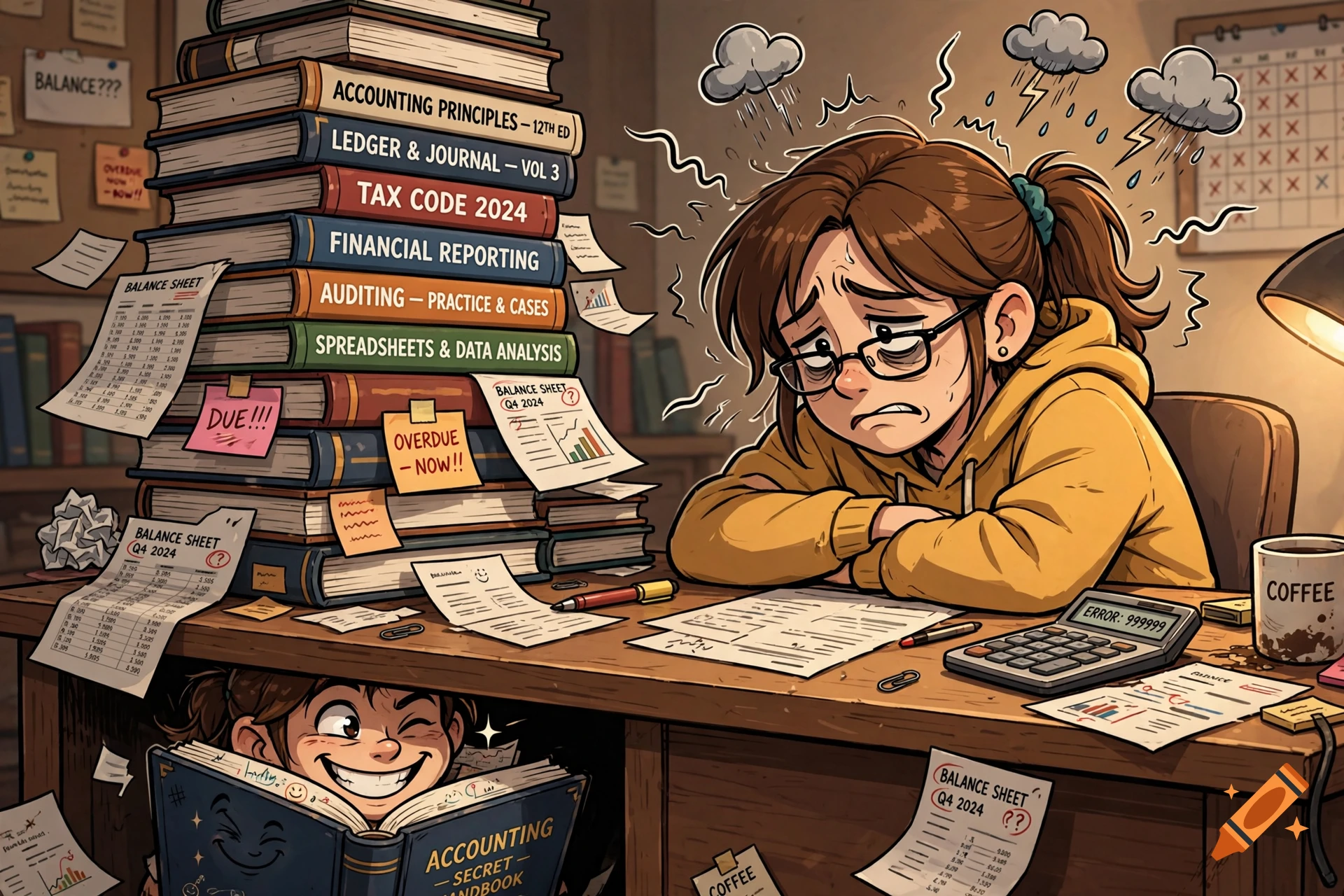 Comic illustration of a stressed person sitting at a desk with huge stacks of tax books, while hiding another book under the desk.