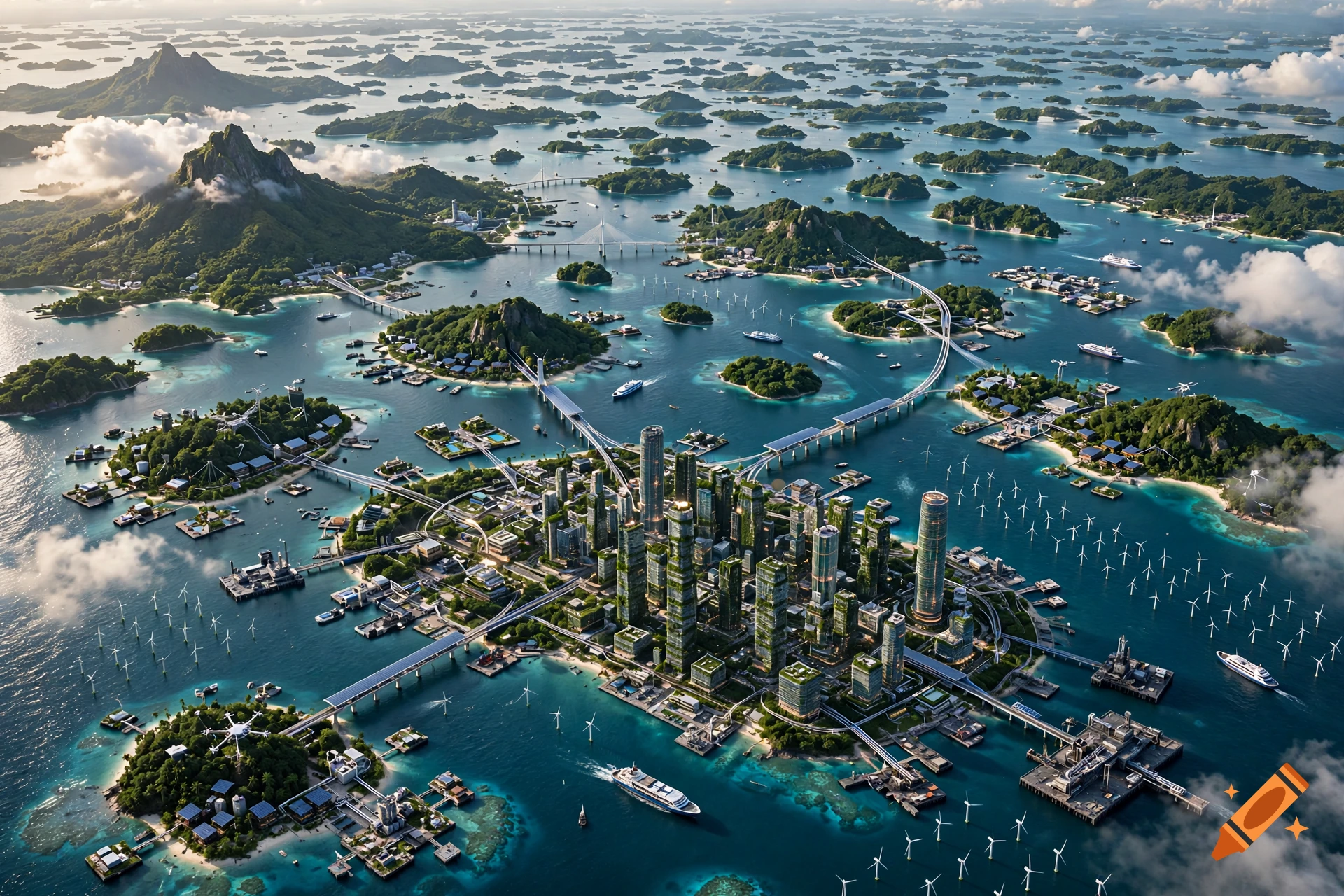 Aerial view of a vast tropical archipelago with a futuristic futuristic city, bridges, and wind turbines.