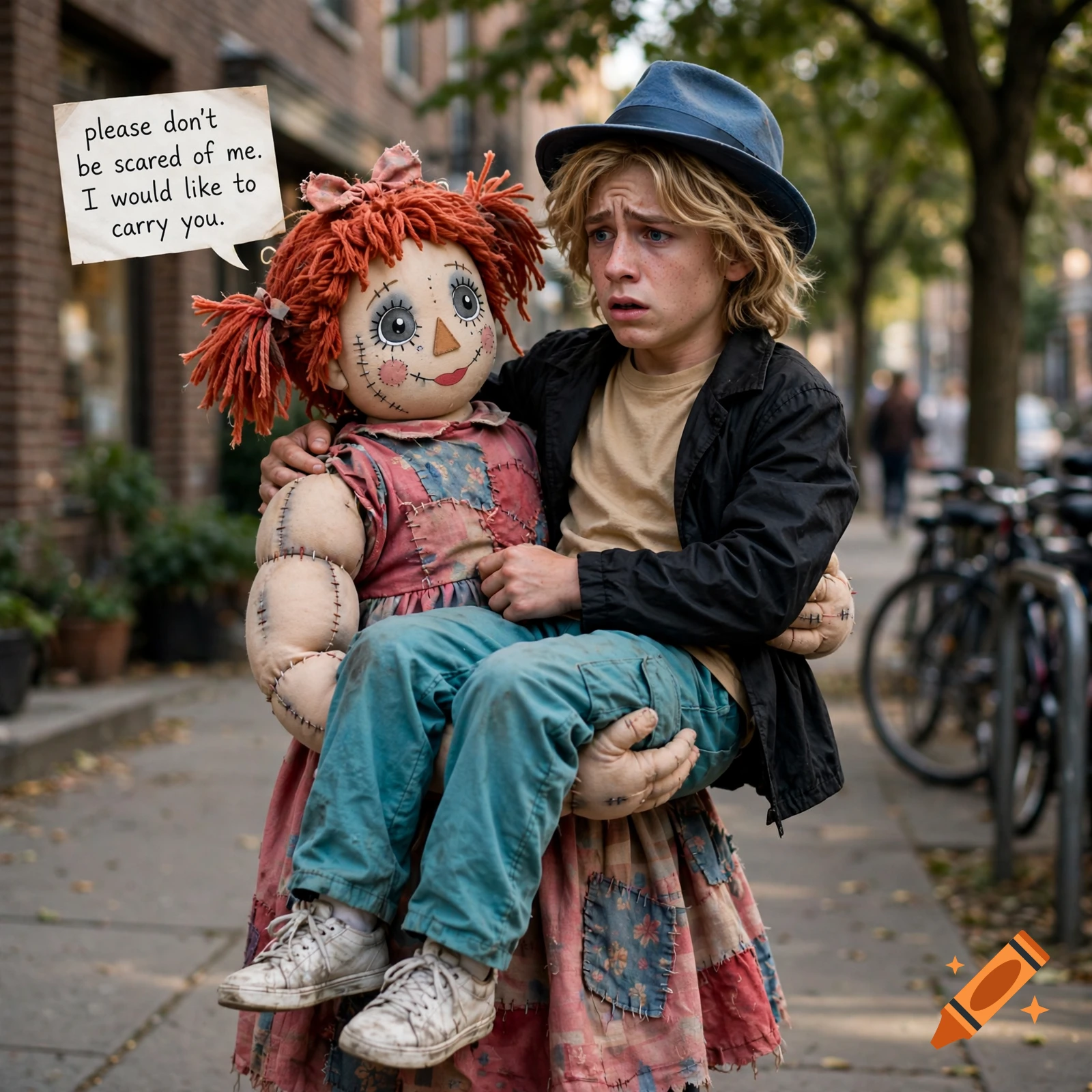 A photorealistic scene of a large, strong Raggedy Ann doll holding a terrified teenage boy in a blue fedora on a city sidewalk.