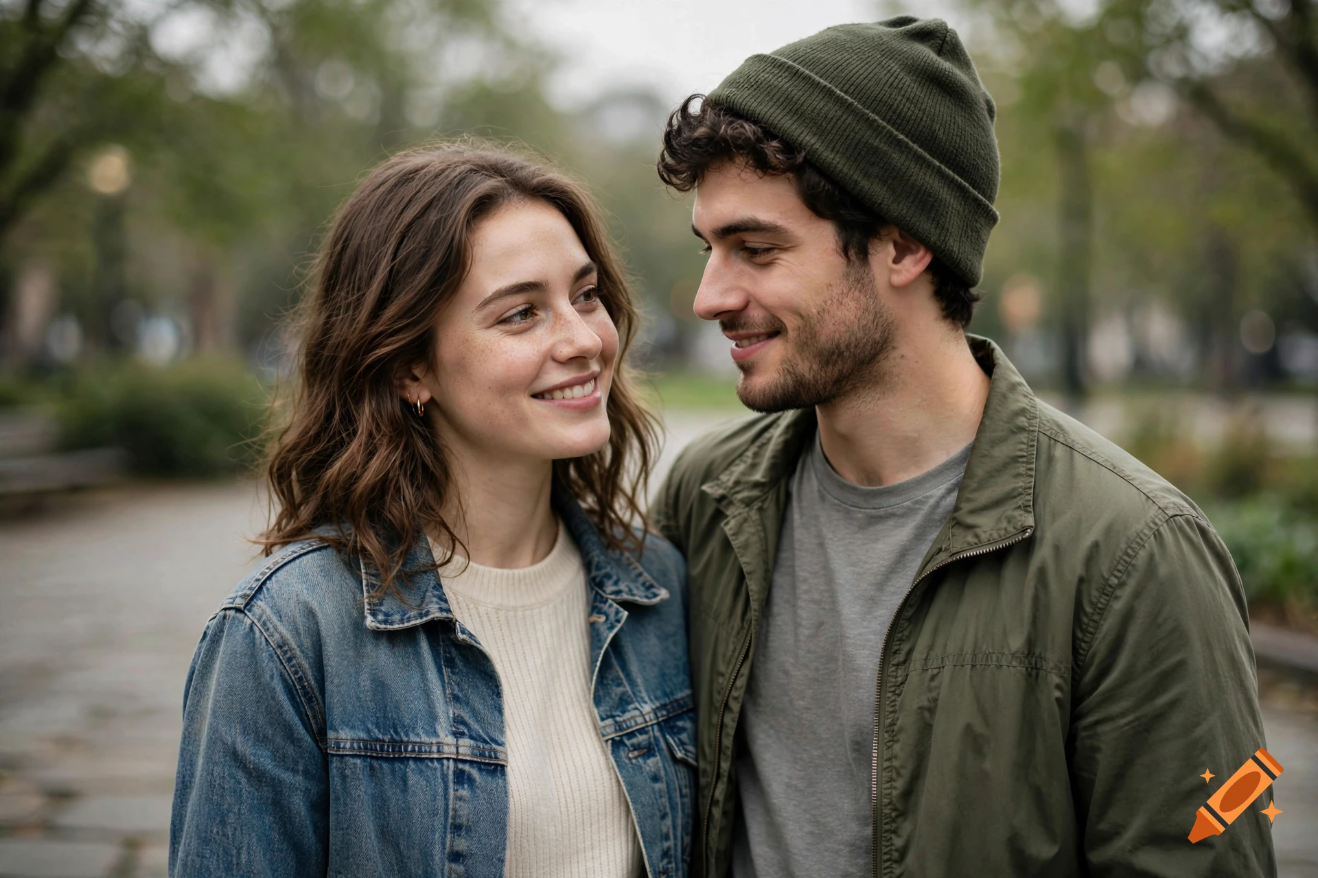 Photorealistic close-up of a smiling young couple looking at each other in a park.