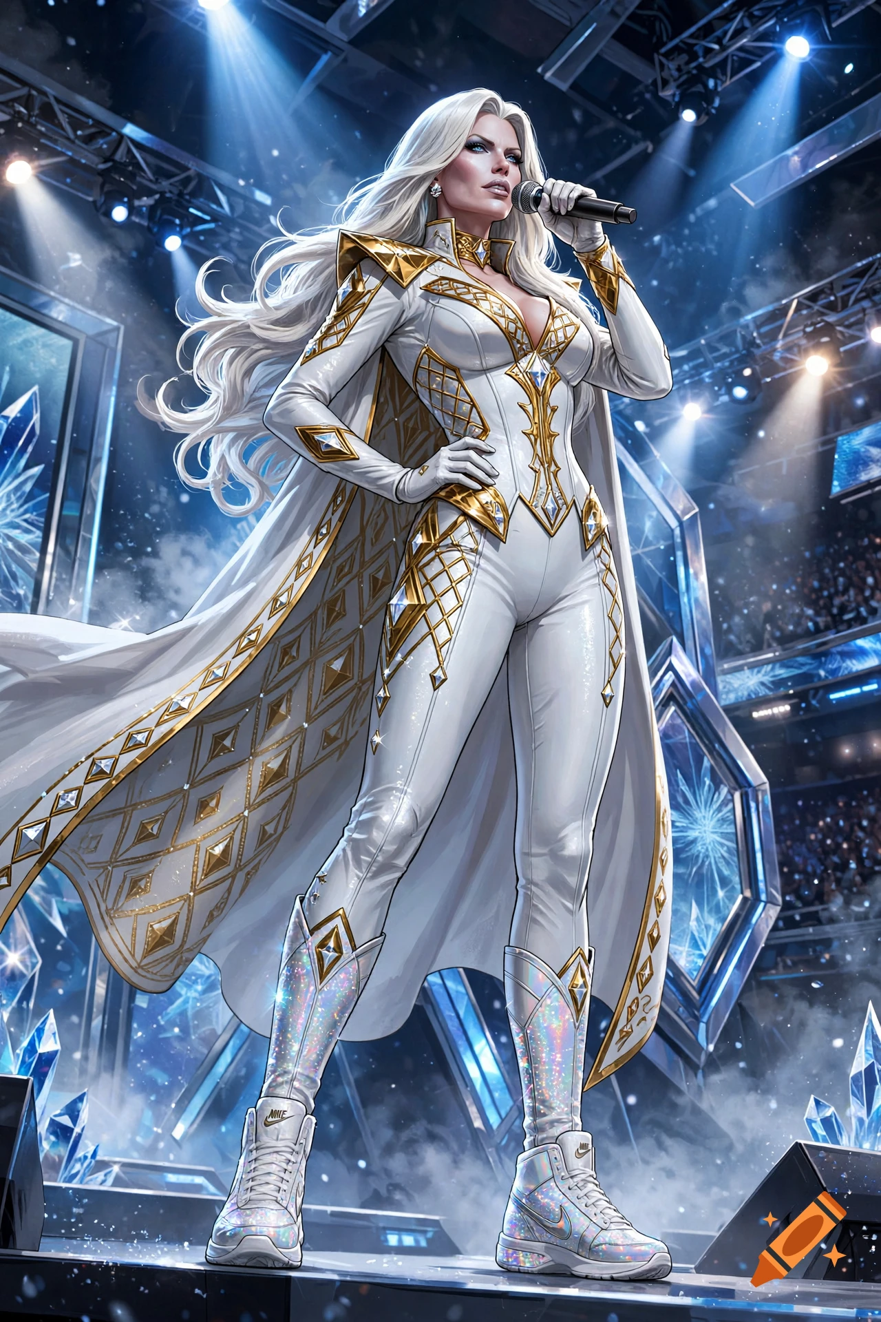 A female singer with long white hair holding a microphone, wearing a futuristic white and gold stage outfit, performing on a stage with bright stage lights.