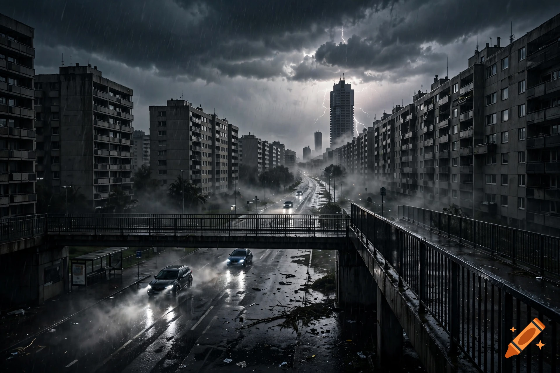 Cinematic wide shot of a brutalist urban district during a stormy night blackout with heavy rain, lightning, and cars on wet streets.
