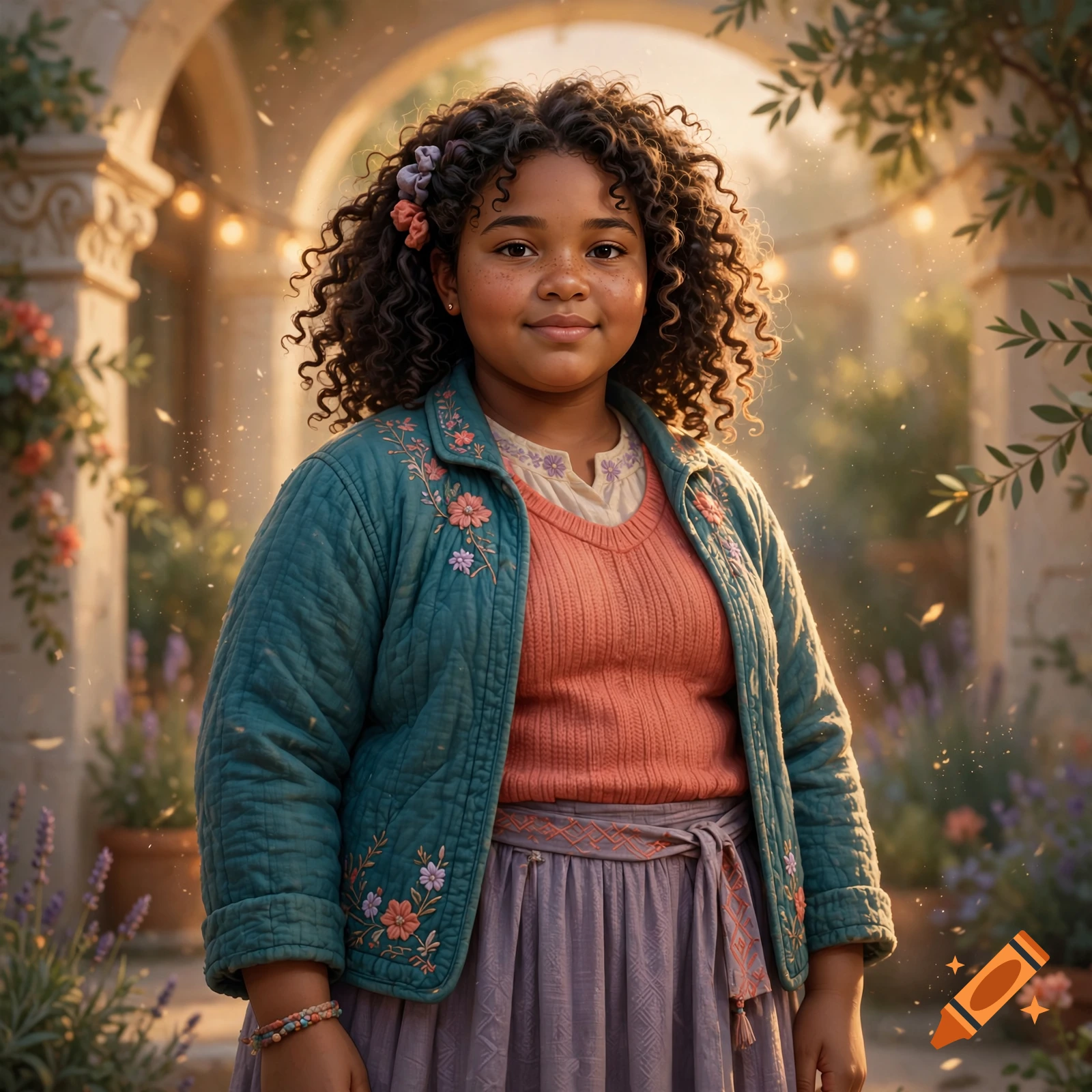 Photorealistic portrait of a young girl with curly hair and freckles standing in a courtyard garden.