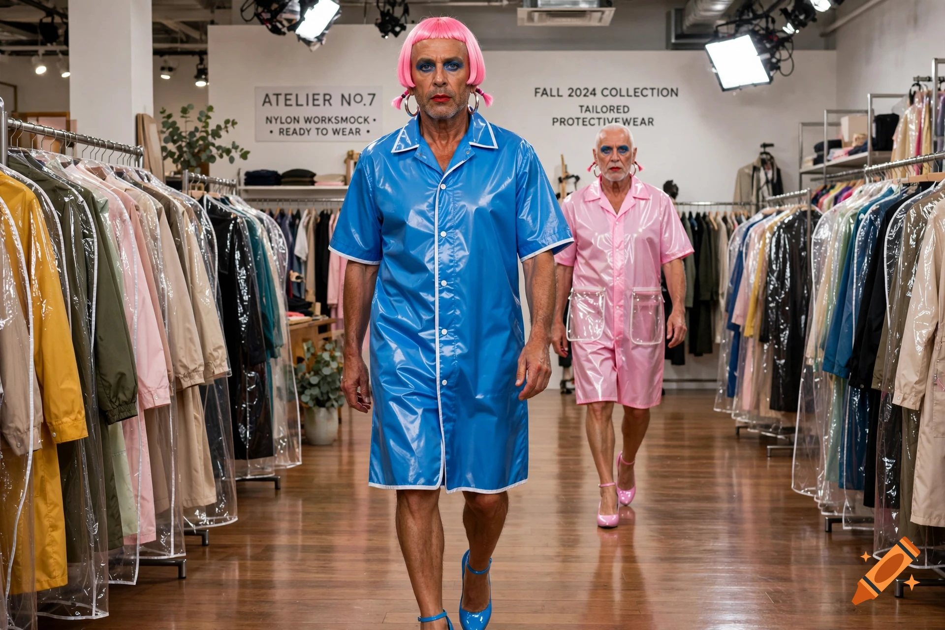 Photorealistic image of two mature models with pink bob wigs wearing blue and pink nylon smock dresses walking down a boutique runway.