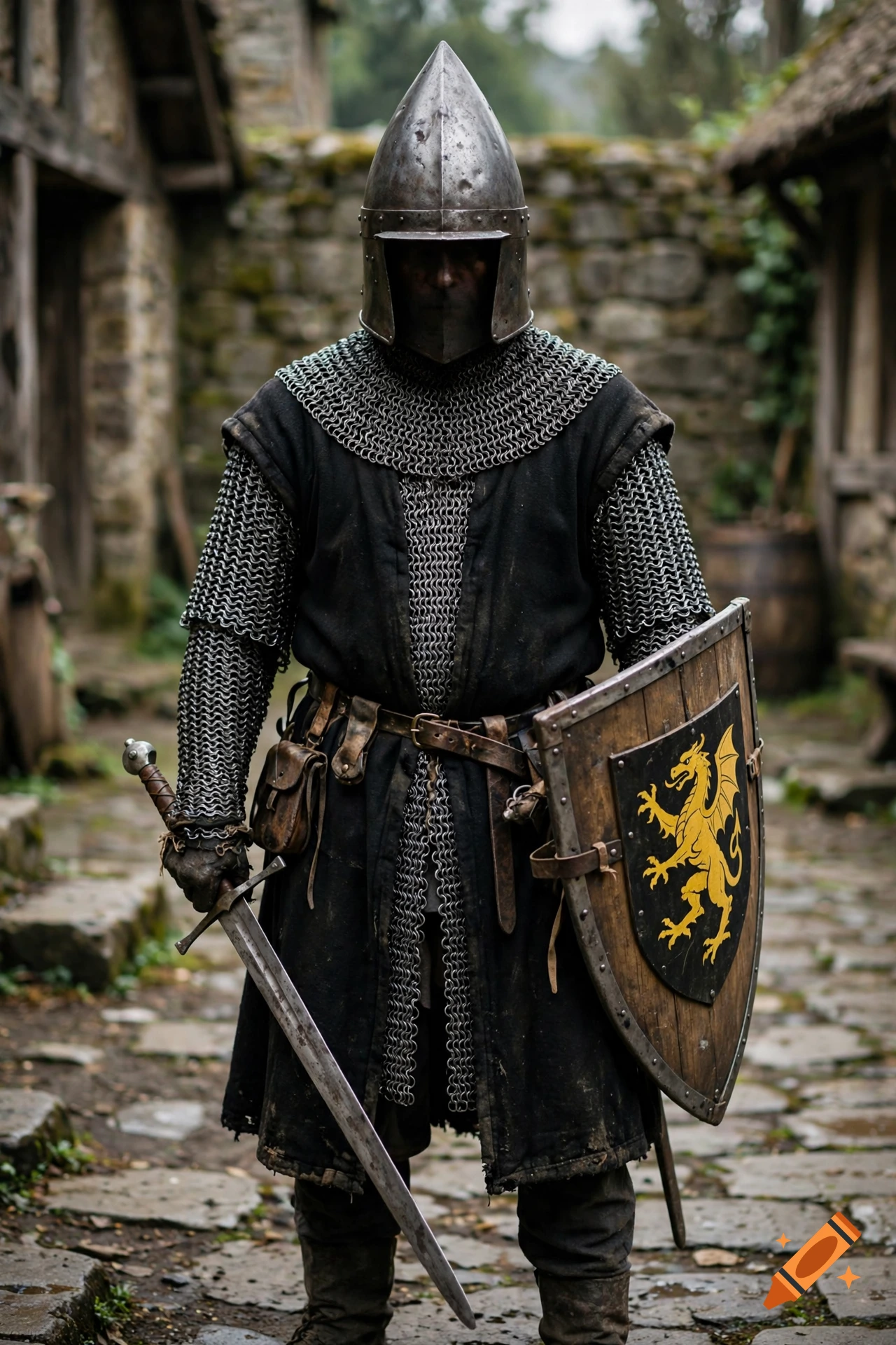 Photorealistic medieval knight in chainmail armor, sugar-loaf helm, holding an arming sword and a shield with a yellow dragon silhouette.