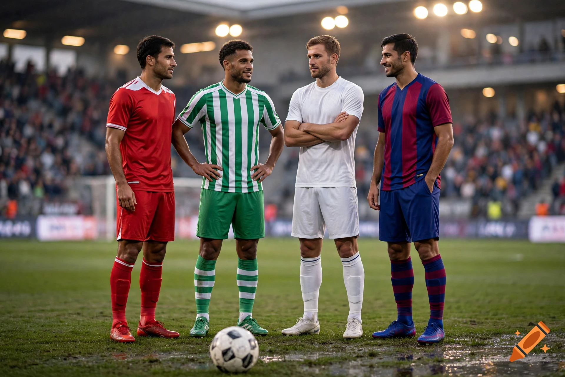 Four male soccer players in different team kits standing on a muddy pitch in a stadium.