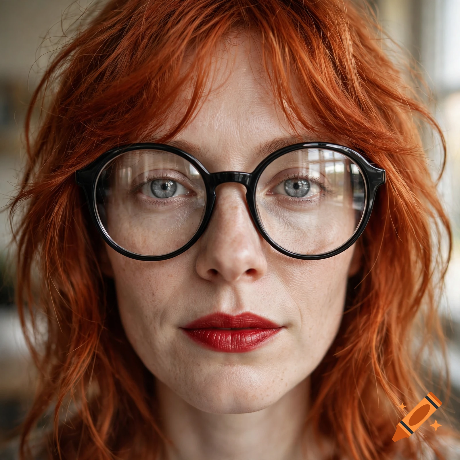 Close-up portrait of a woman with vibrant copper-red hair, light grey eyes, red lipstick, and large round black-framed glasses.