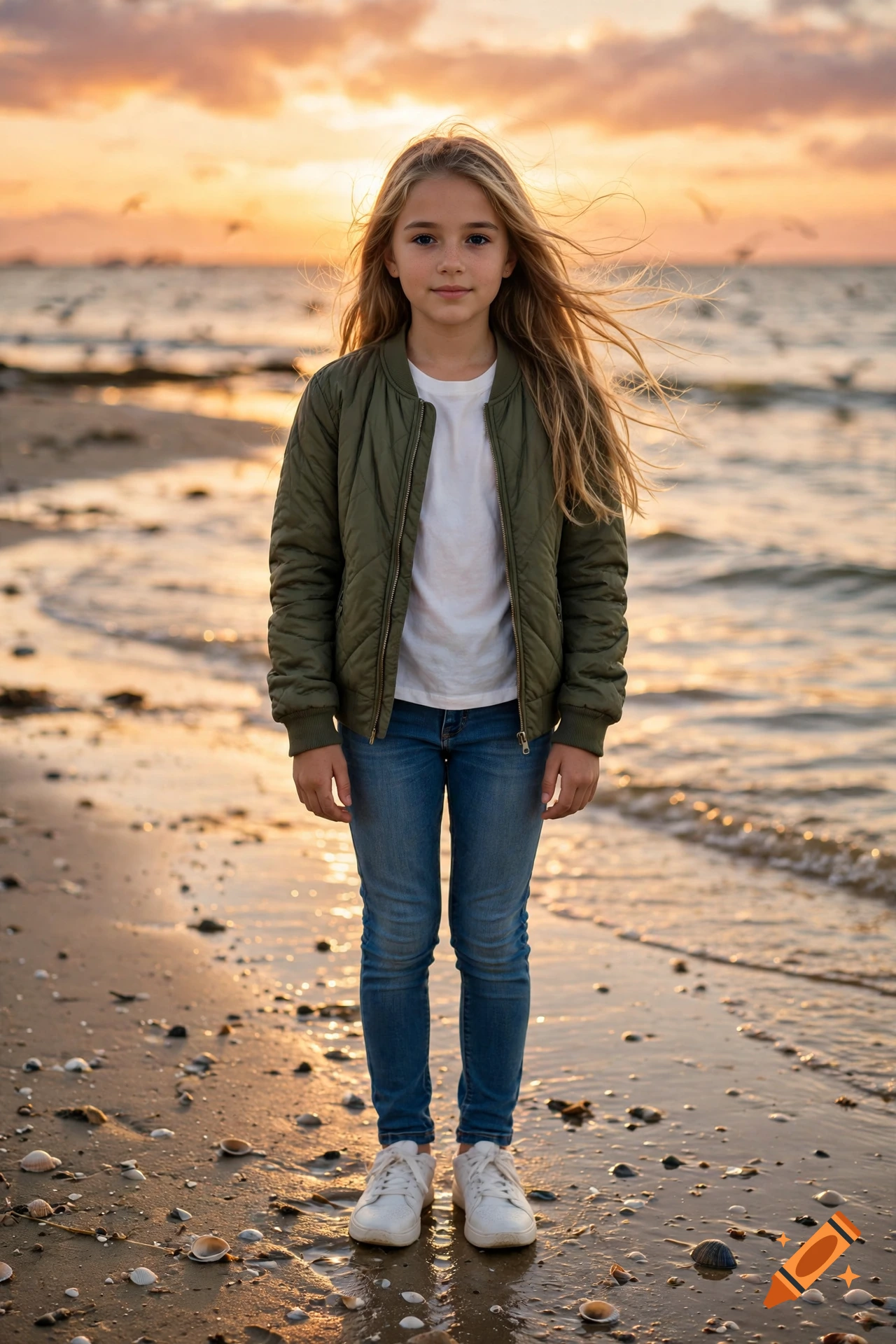 Photorealistic full-body shot of a young blonde girl standing on a beach at sunset, wearing a green bomber jacket and jeans.