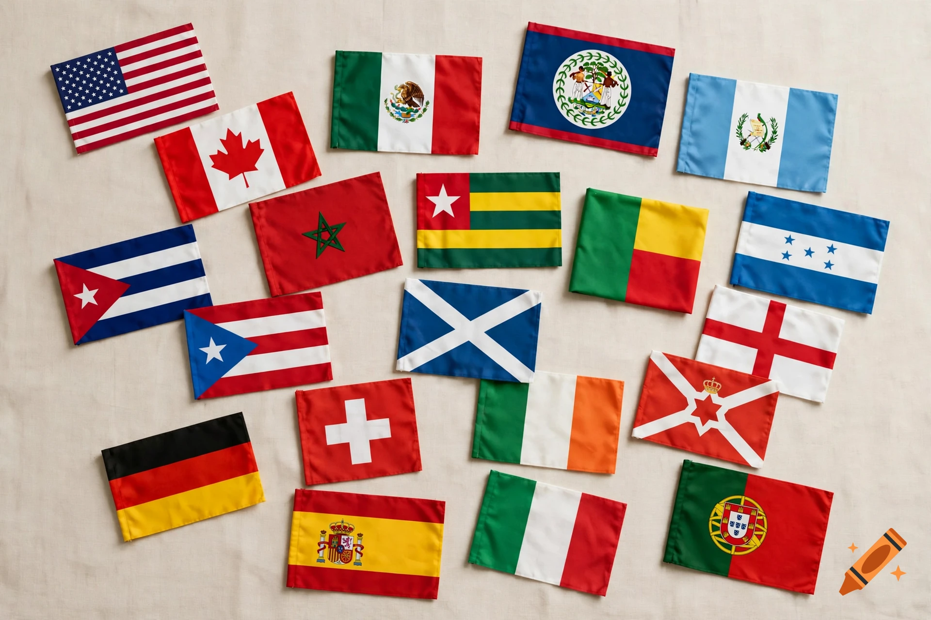 Overhead view of various national flags scattered on a neutral textured background.