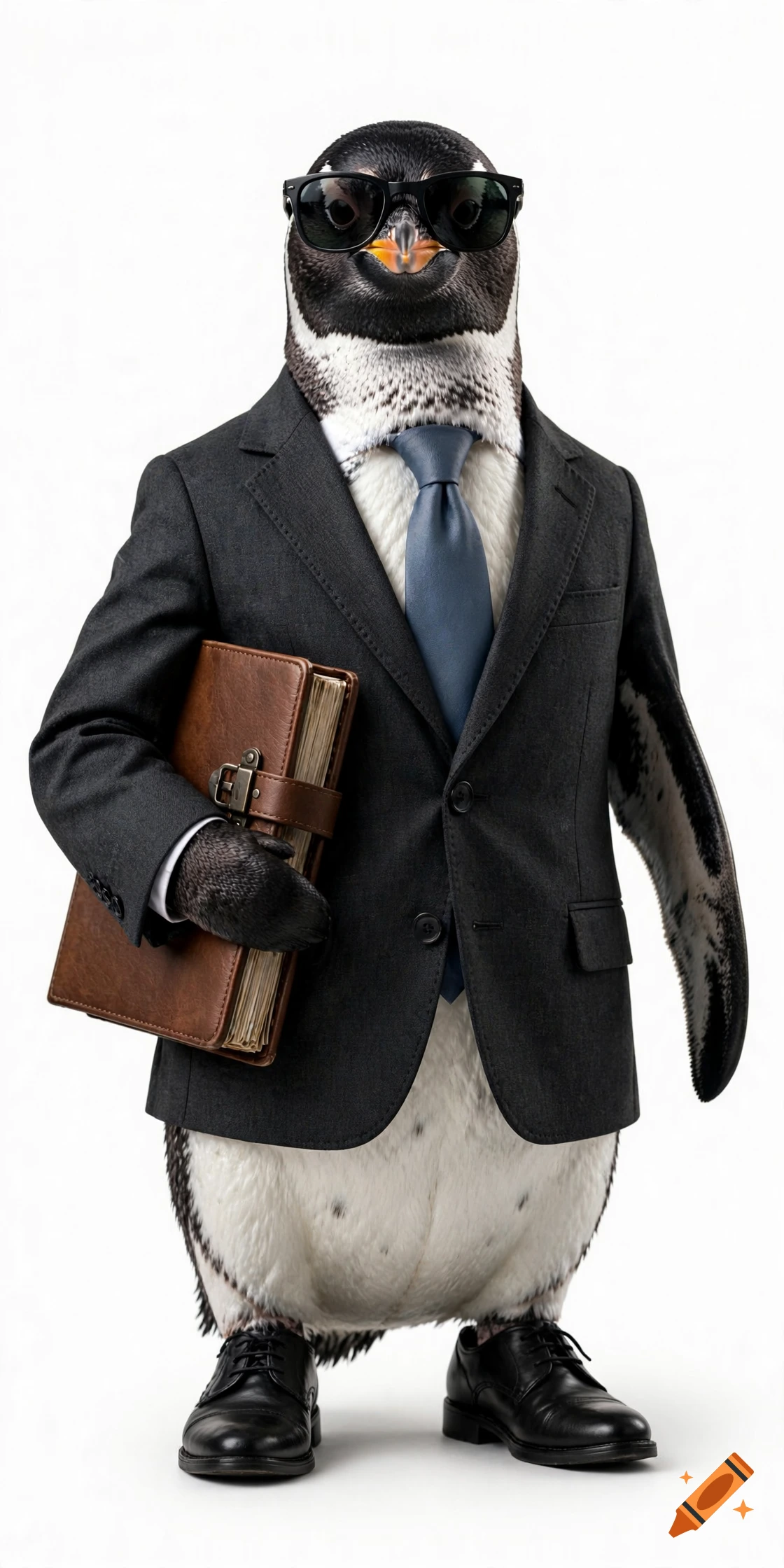 A penguin wearing sunglasses, a business suit, tie, and shoes, holding a brown leather briefcase against a white background.