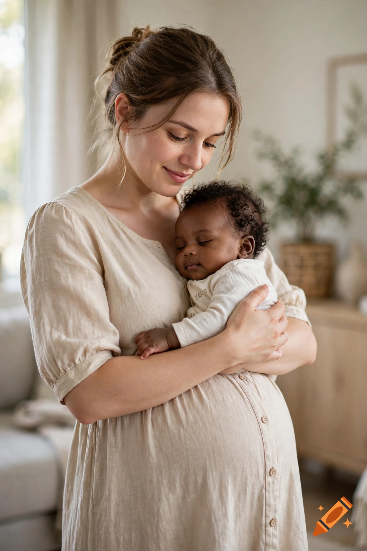Photorealistic portrait of a pregnant white woman tenderly holding a sleeping Black baby in her arms.