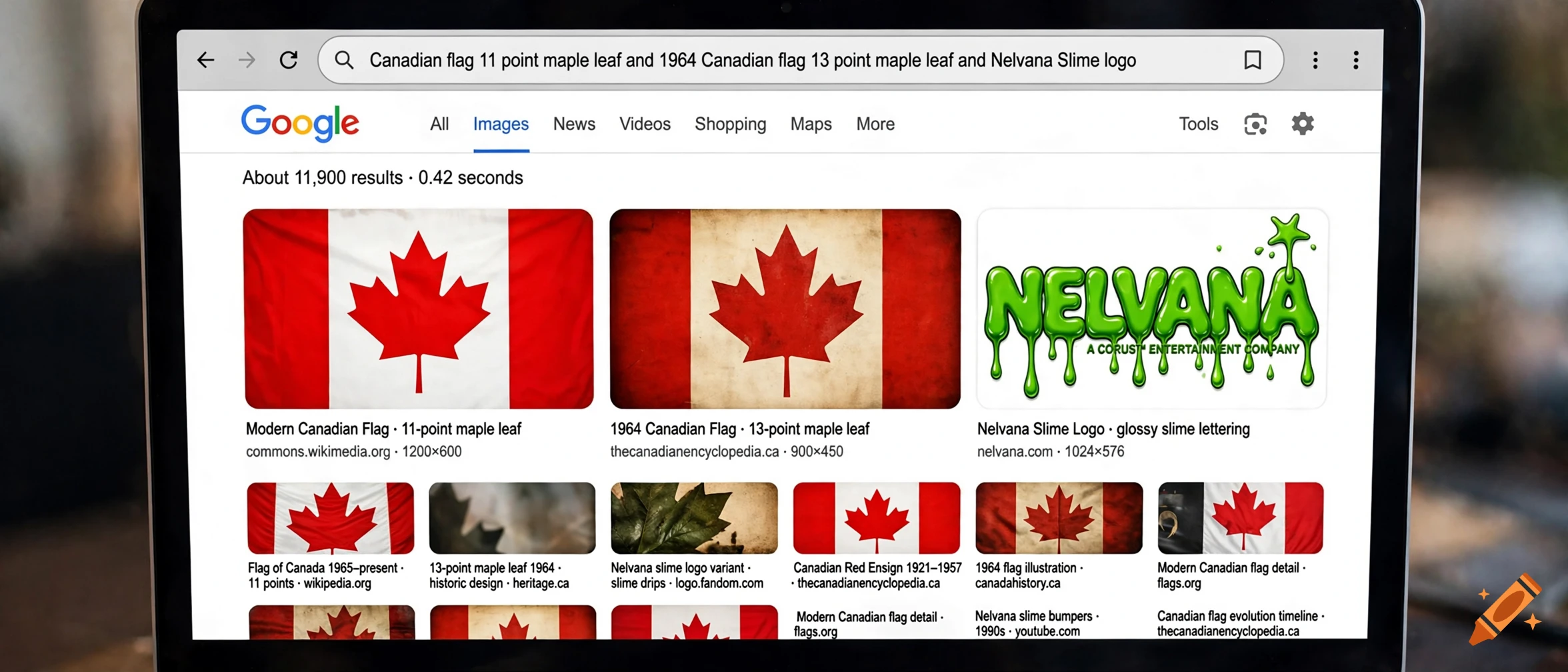 A laptop screen displaying a Google Image search for Canadian flags and the Nelvana Slime logo.