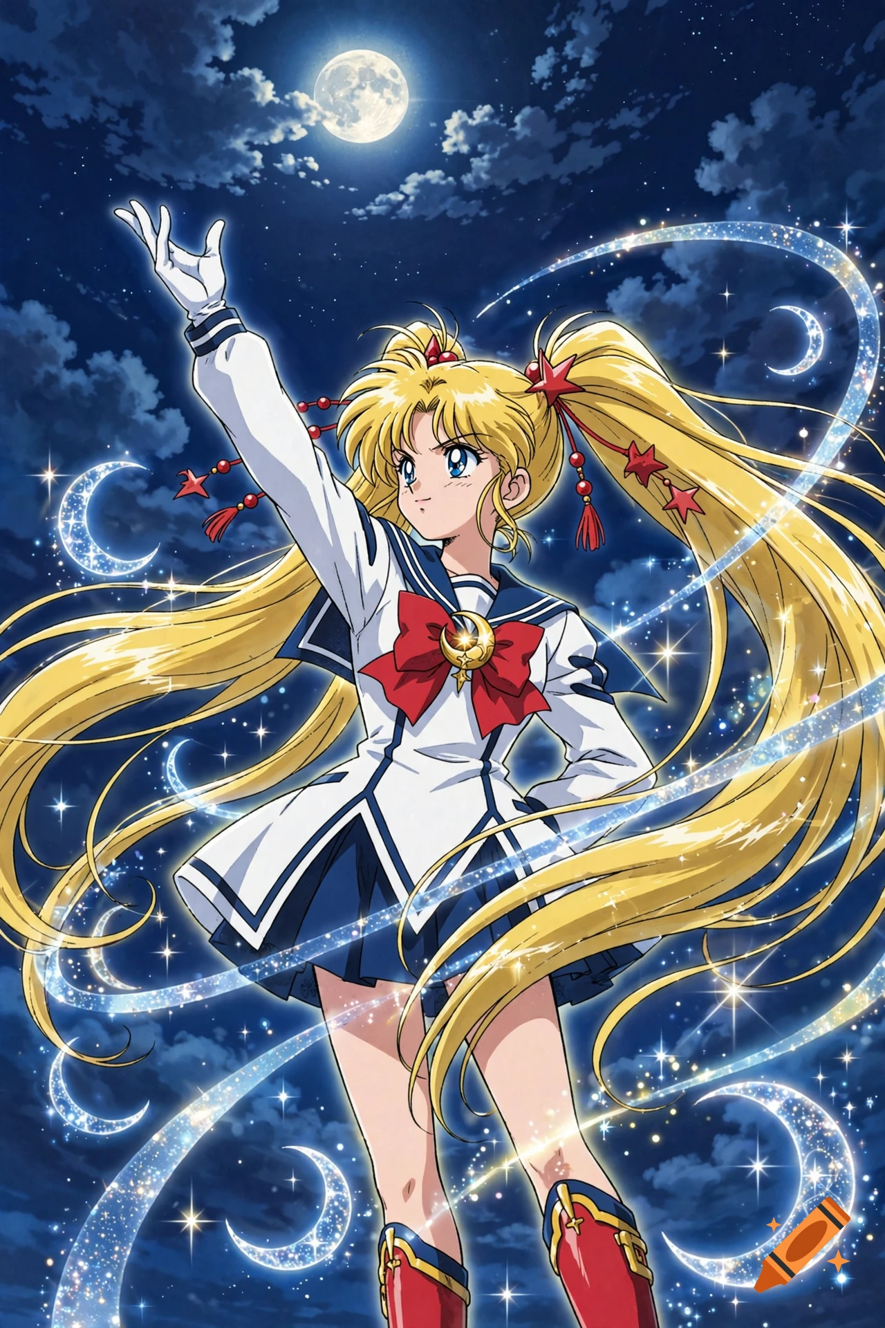 An anime illustration of Sailor Moon in a school uniform with long blonde hair and a crescent moon background.