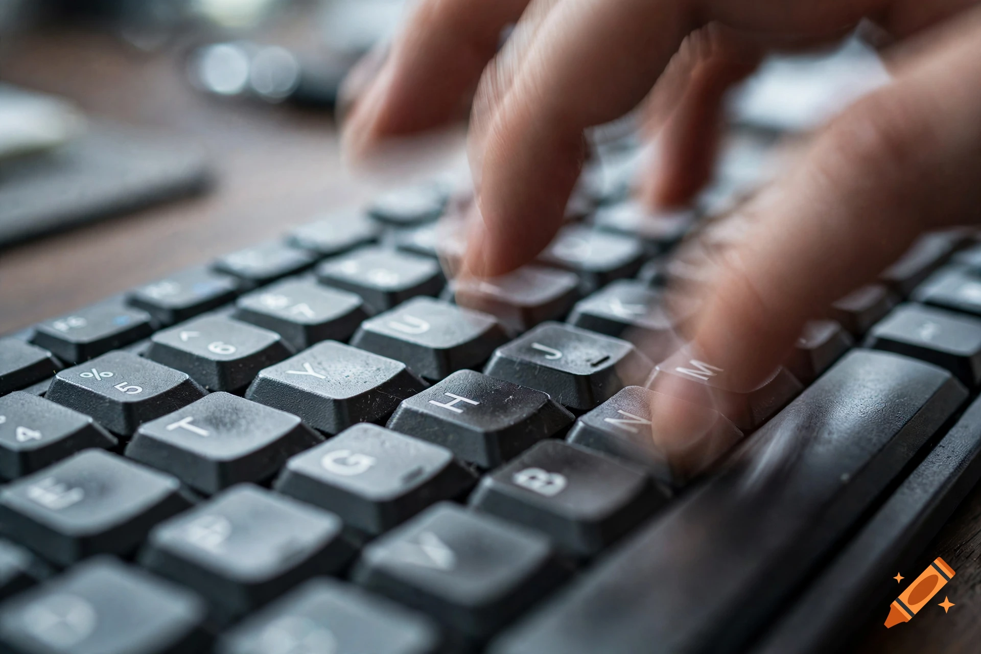 Close-up action shot of hands rapidly typing on a black computer keyboard, with motion blur on the fingers.