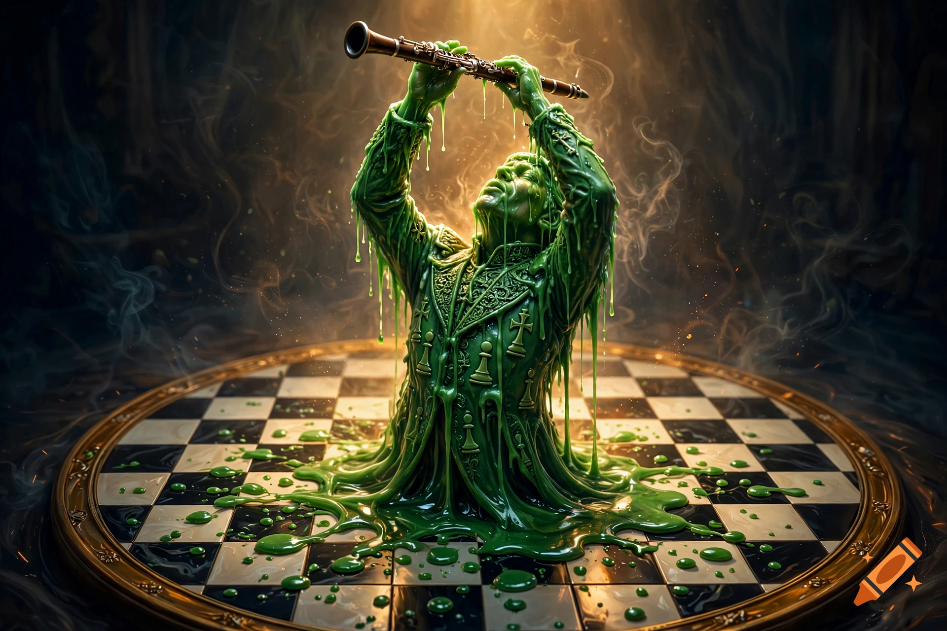 A man in a green chess pawn costume, melting like wax while passionately playing a clarinet on a giant chessboard.