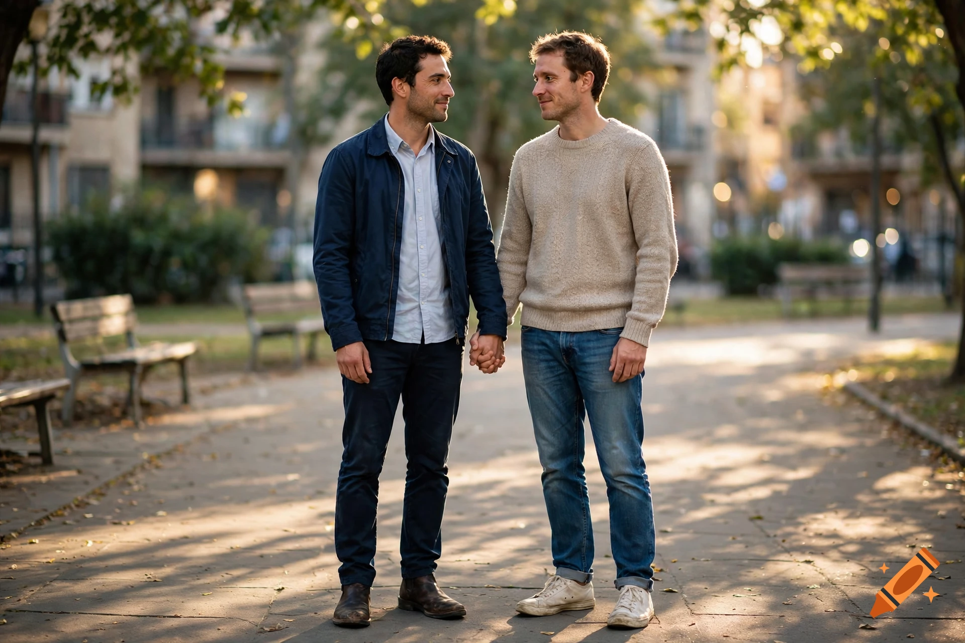 Two men standing on a paved path in a park, holding hands and looking at each other, photorealistic.