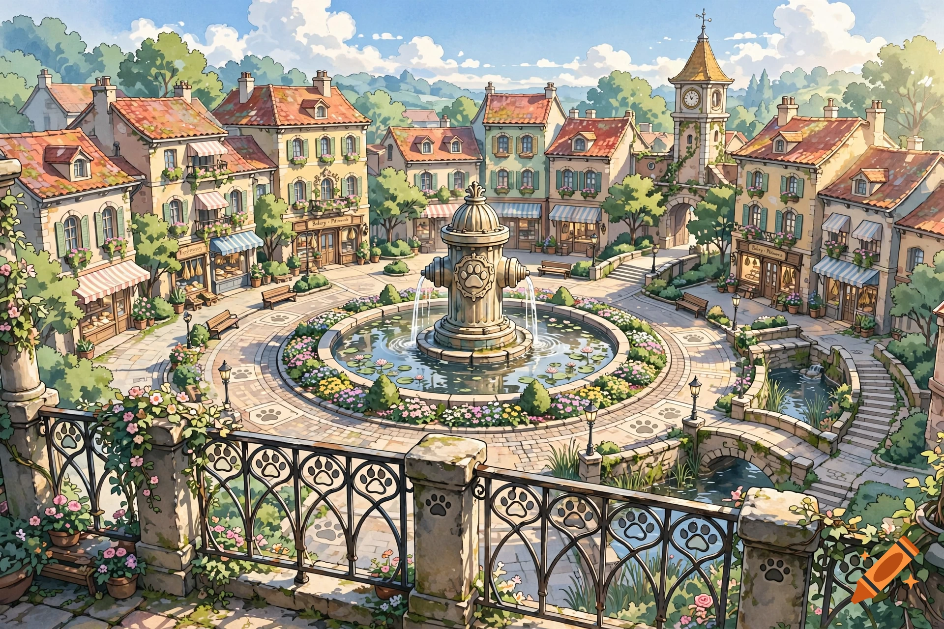 An anime-style illustrated town square with a central fountain, cobblestone paths, and charming buildings under a blue sky.