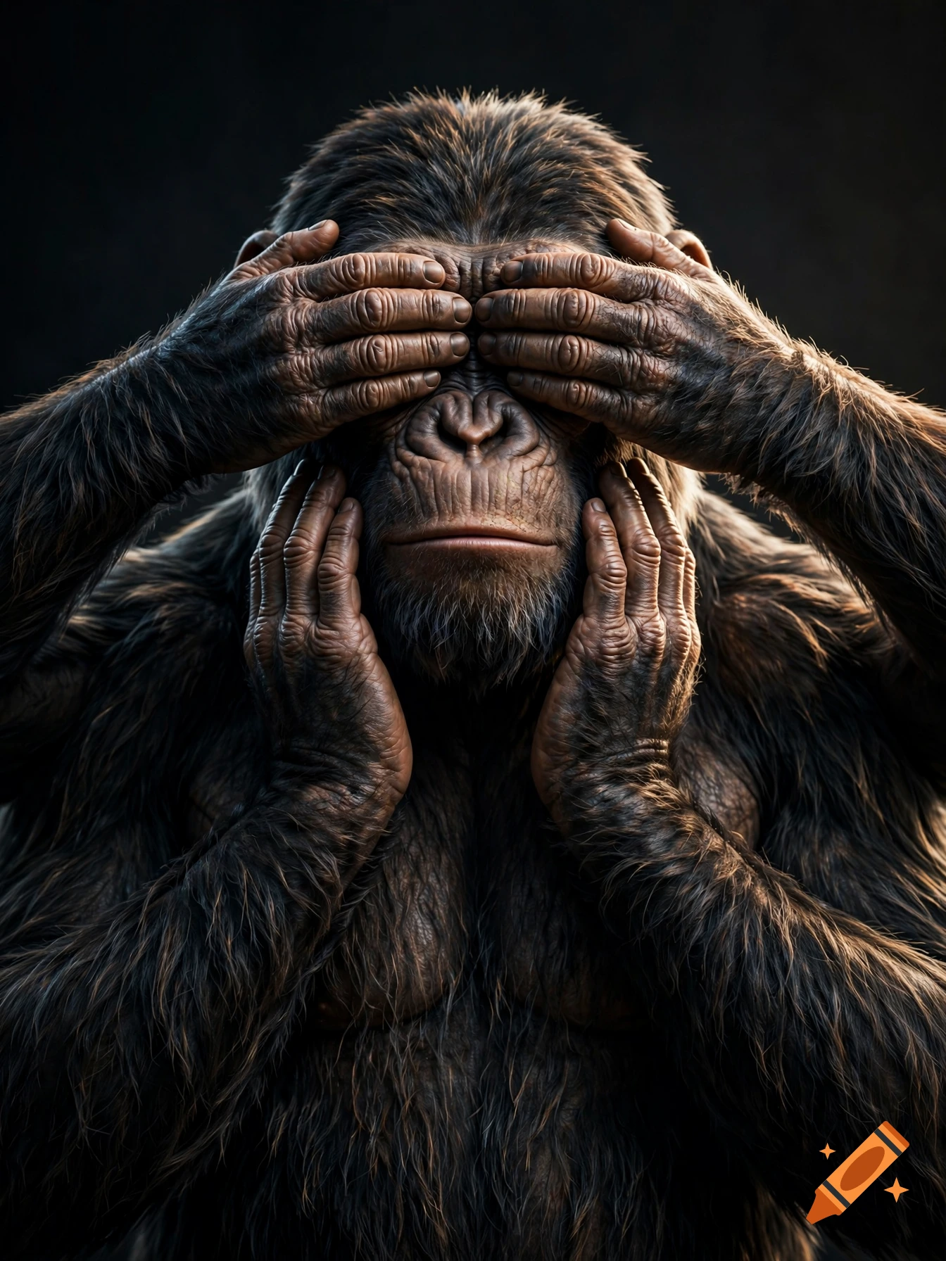 Photorealistic close-up portrait of a four-armed ape covering its eyes and ears with its hands, dark moody background.