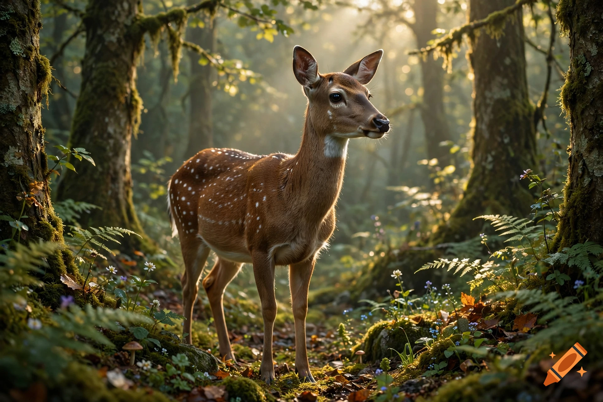 Photorealistic deer standing in a whimsical sunlit forest with mossy trees and wildflowers.