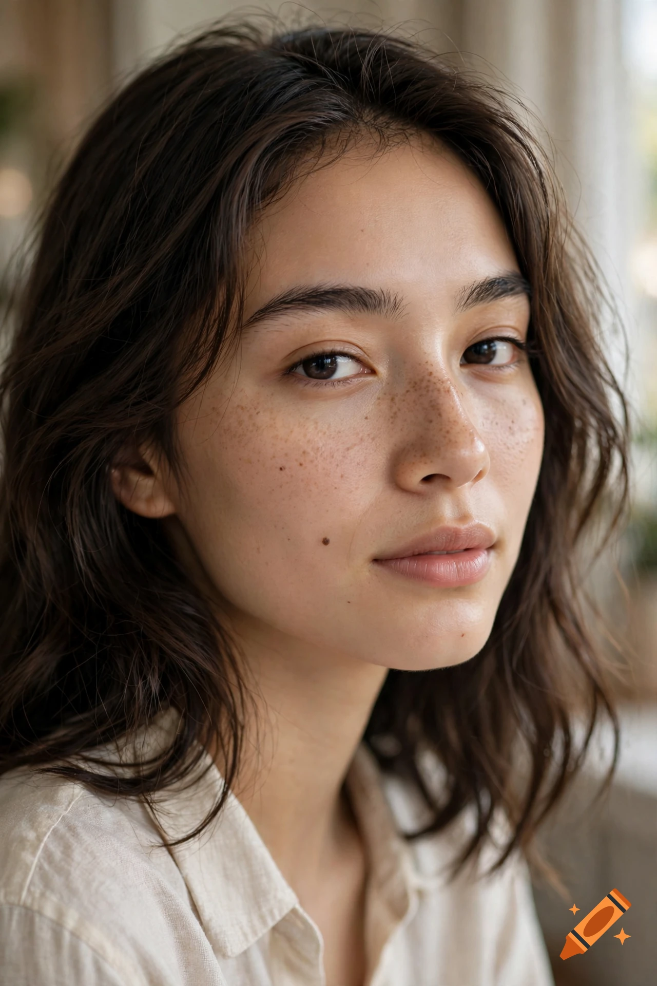 Close-up portrait of a young person with dark wavy hair and freckles.