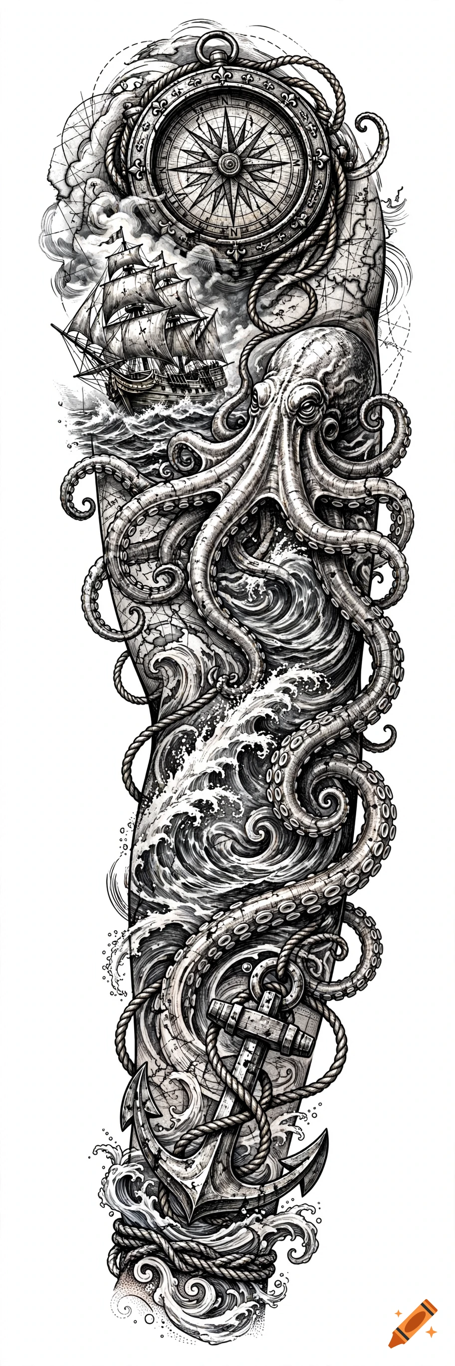 Black-and-grey illustrative tattoo sleeve featuring a compass, sailing ship, colossal kraken, waves, and an anchor.